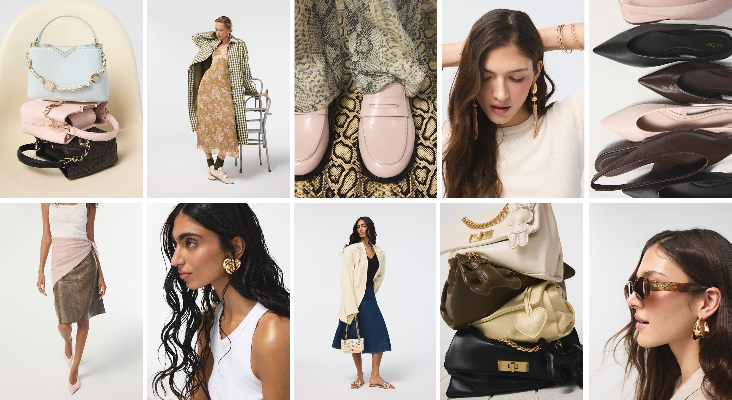 Collage of fashion items including handbags, clothing, and shoes with a model wearing a coat.