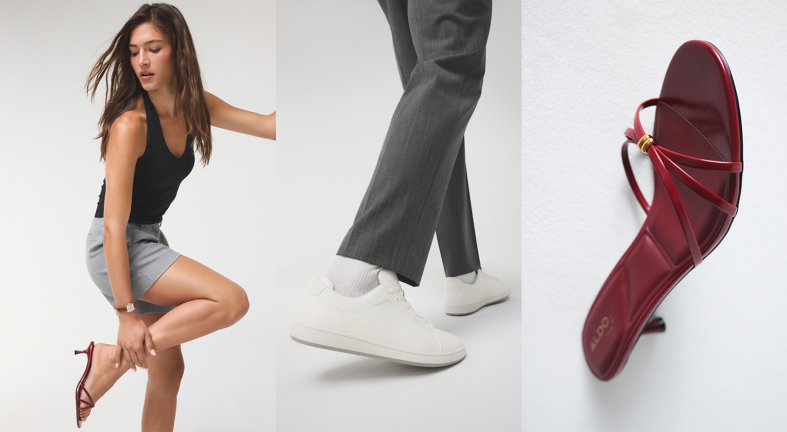 A three-panel collage showing fashion items: a woman in a black tank top and gray shorts wearing red strappy high-heeled sandals, a close-up of gray trousers and white sneakers, and a close-up of the red strappy sandal from the side.