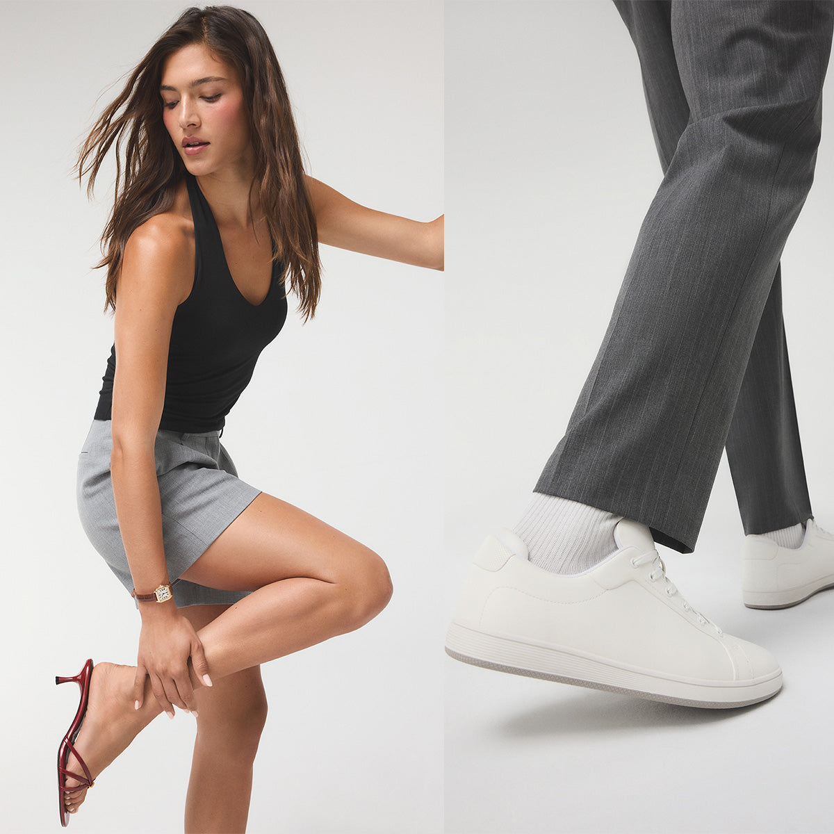 A three-panel collage showing fashion items: a woman in a black tank top and gray shorts wearing red strappy high-heeled sandals, a close-up of gray trousers and white sneakers, and a close-up of the red strappy sandal from the side.
