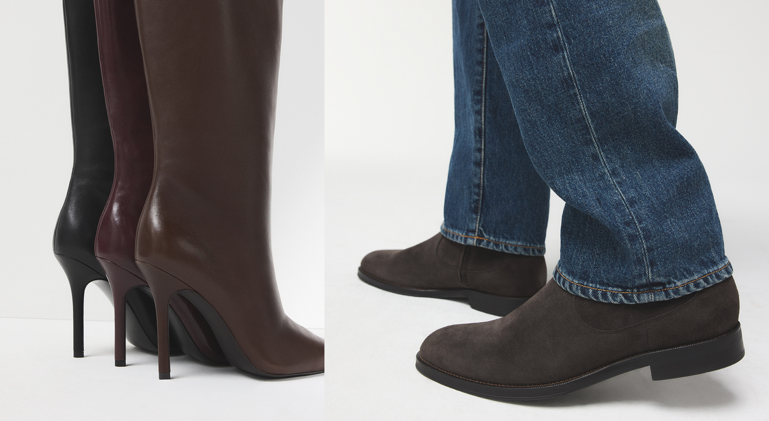 A split image showing three tall heeled boots on the left and a person wearing dark brown suede ankle boots with blue jeans on the right. The boots are shown in black, burgundy, and dark brown leather finishes.