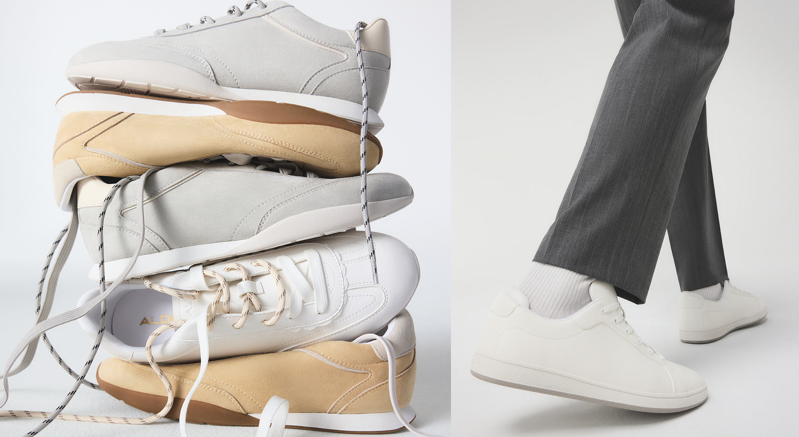 Une image divisée montrant, à gauche, une pile de quatre espadrilles à tige basse et, à droite, une personne portant l’une des paires, le tout sur un fond de studio blanc épuré.