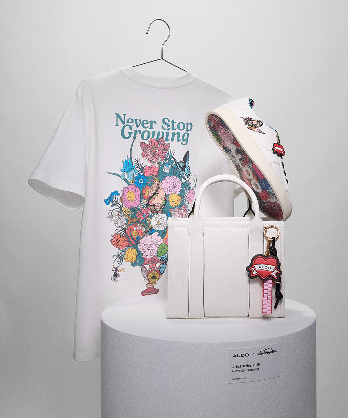 Cluster of Whatisadam's t-shirt, sneaker and tote bag