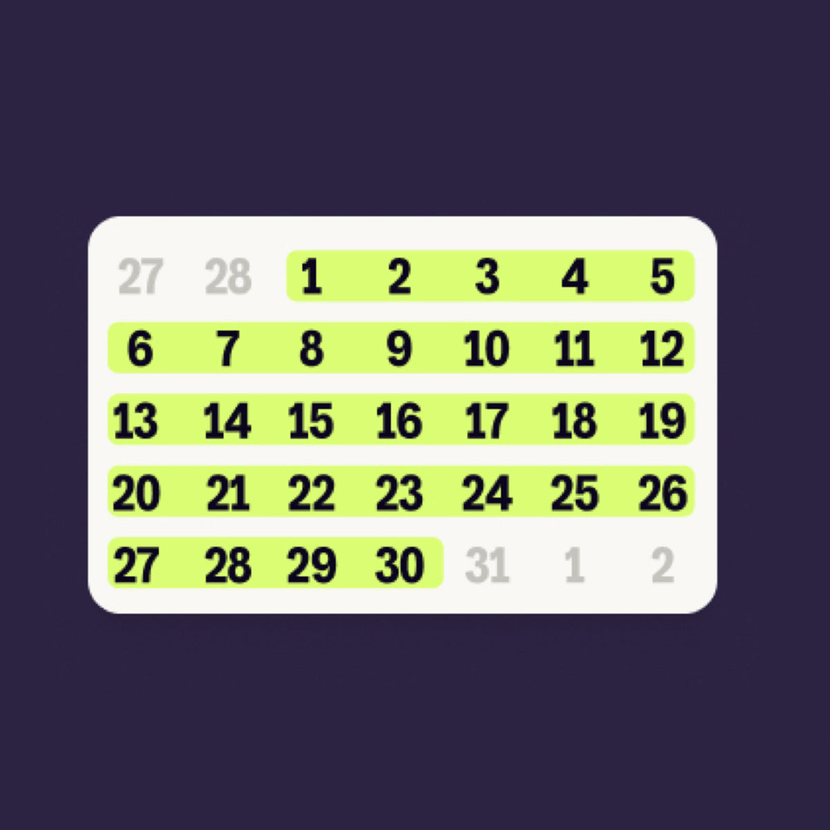 Calendar sticker with highlighted dates on a dark background