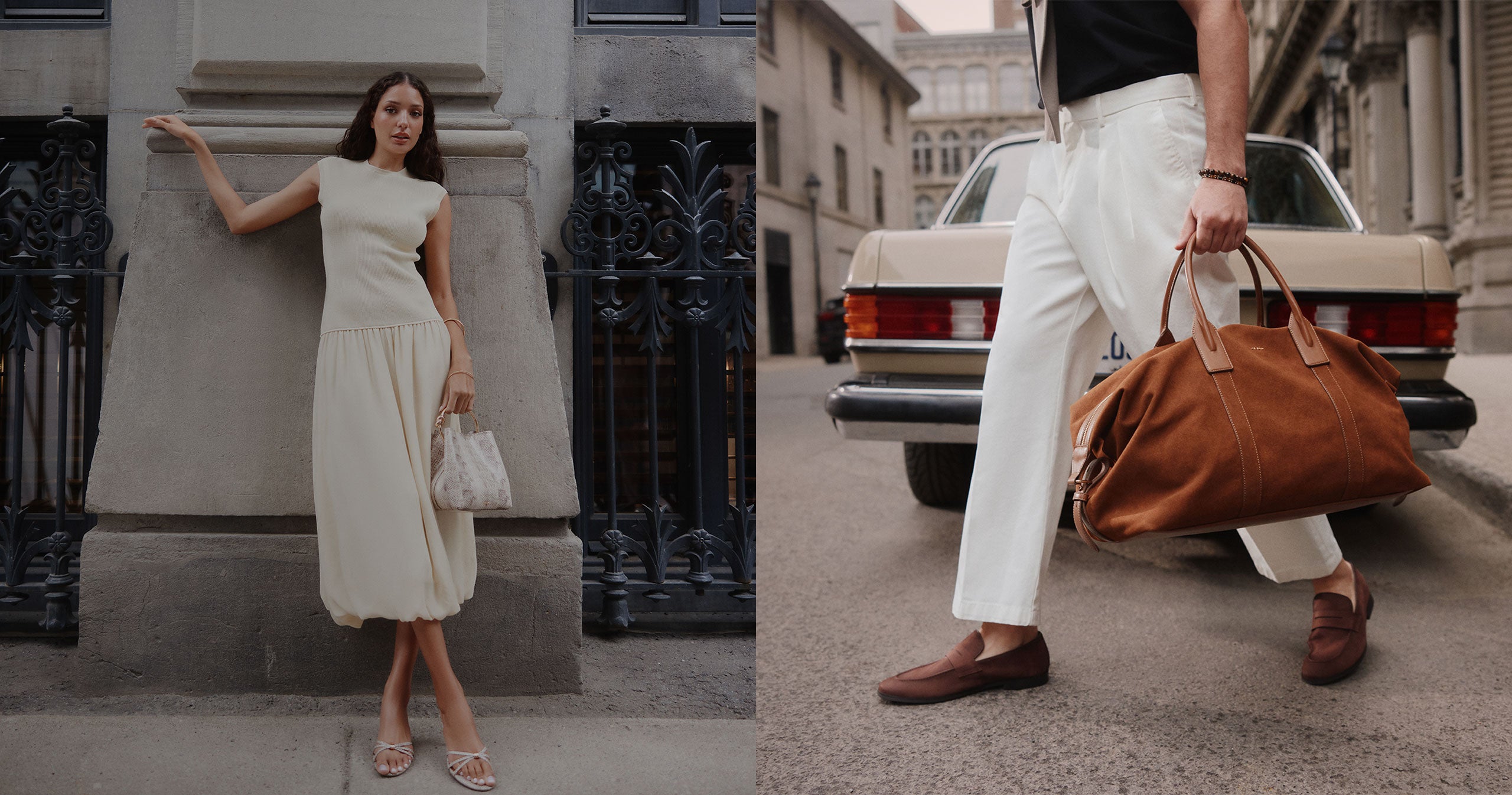 Une image de style de vie divisée montrant une femme portant une robe midi sans manches crème et tenant un sac à main blanc, ainsi qu’un homme en pantalon blanc transportant un sac de voyage en suède brun dans une rue urbaine.