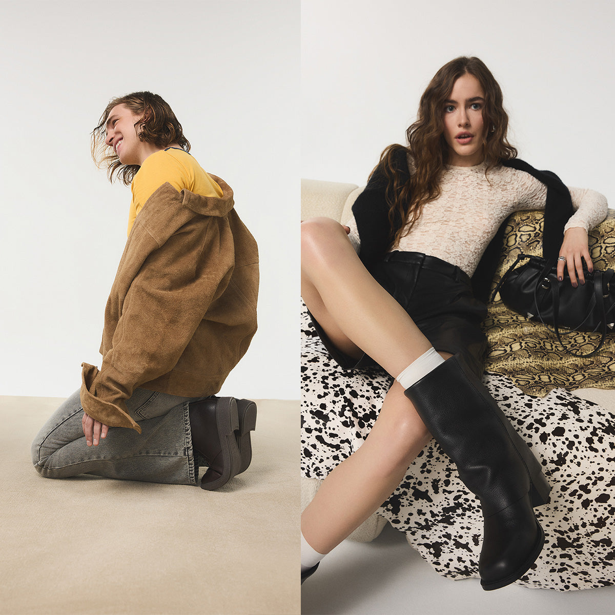 Deux photos d'une femme et d'un homme portant des bottes noires