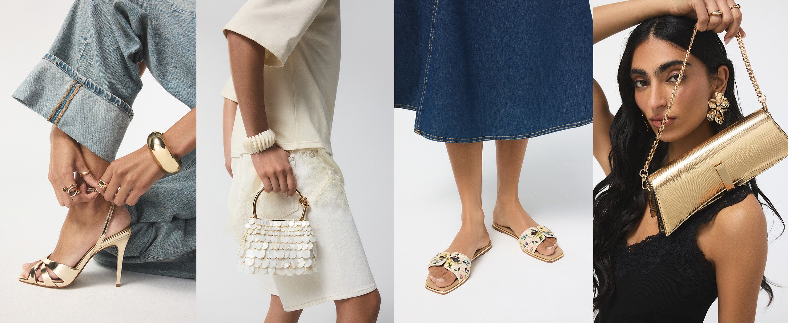 women's heels, flat sandals and handbags