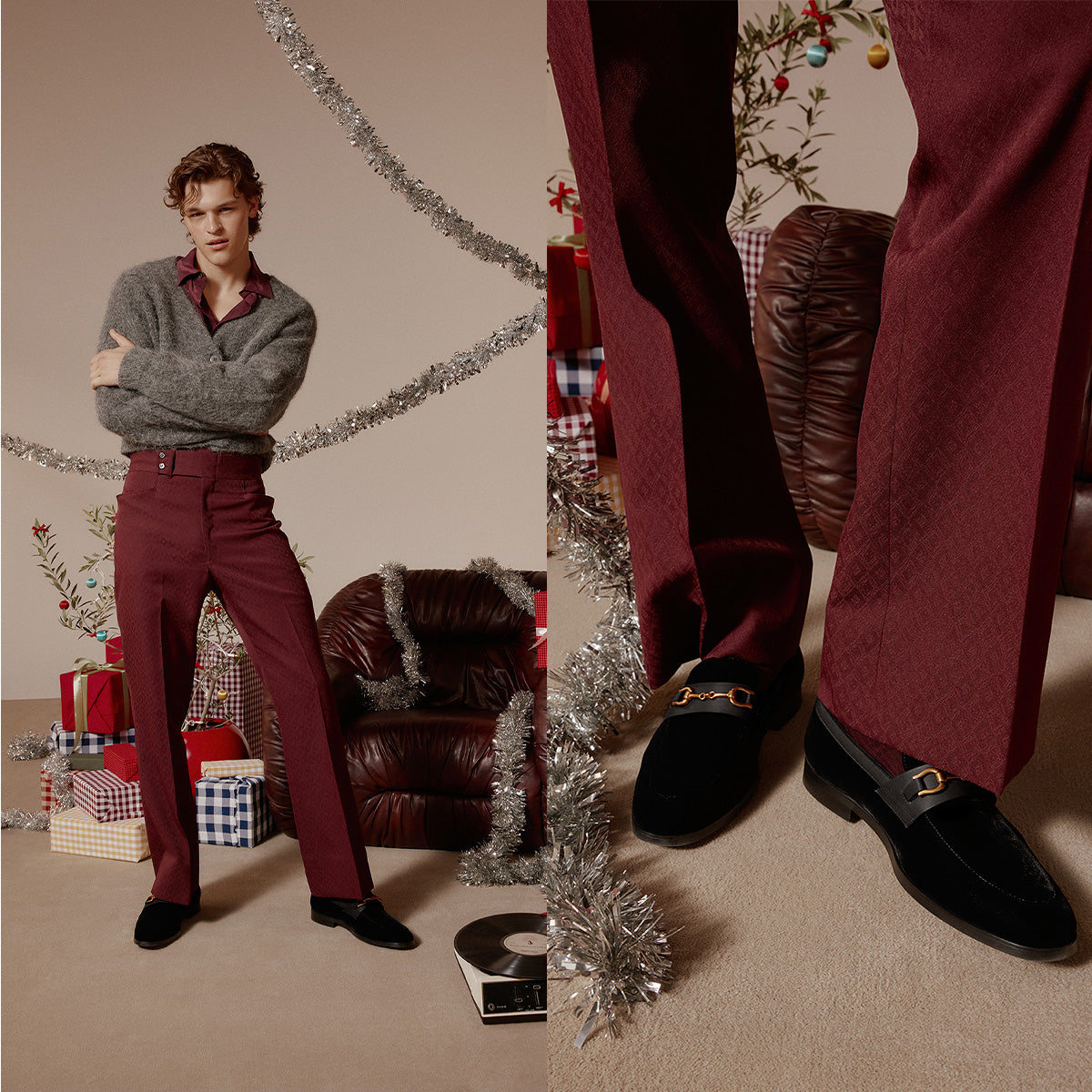 Man in gray sweater and red pants standing in a room with Christmas decorations, close-up of dress shoes and pants.