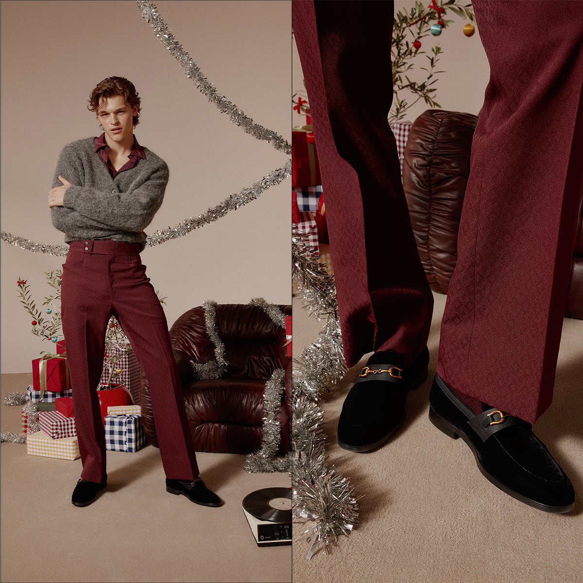 Man in gray sweater and red pants standing in a room with Christmas decorations, close-up of dress shoes and pants.