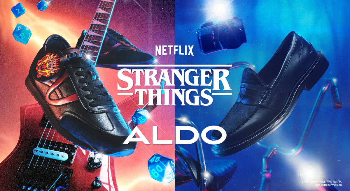Promotional poster for 'Stranger Things' featuring Aldo shoes with a guitar and stage lights.