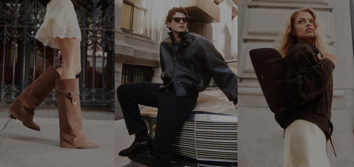 A three-panel editorial collage of fashion models in an urban setting. The left panel shows a model wearing tall tan knee-high boots.