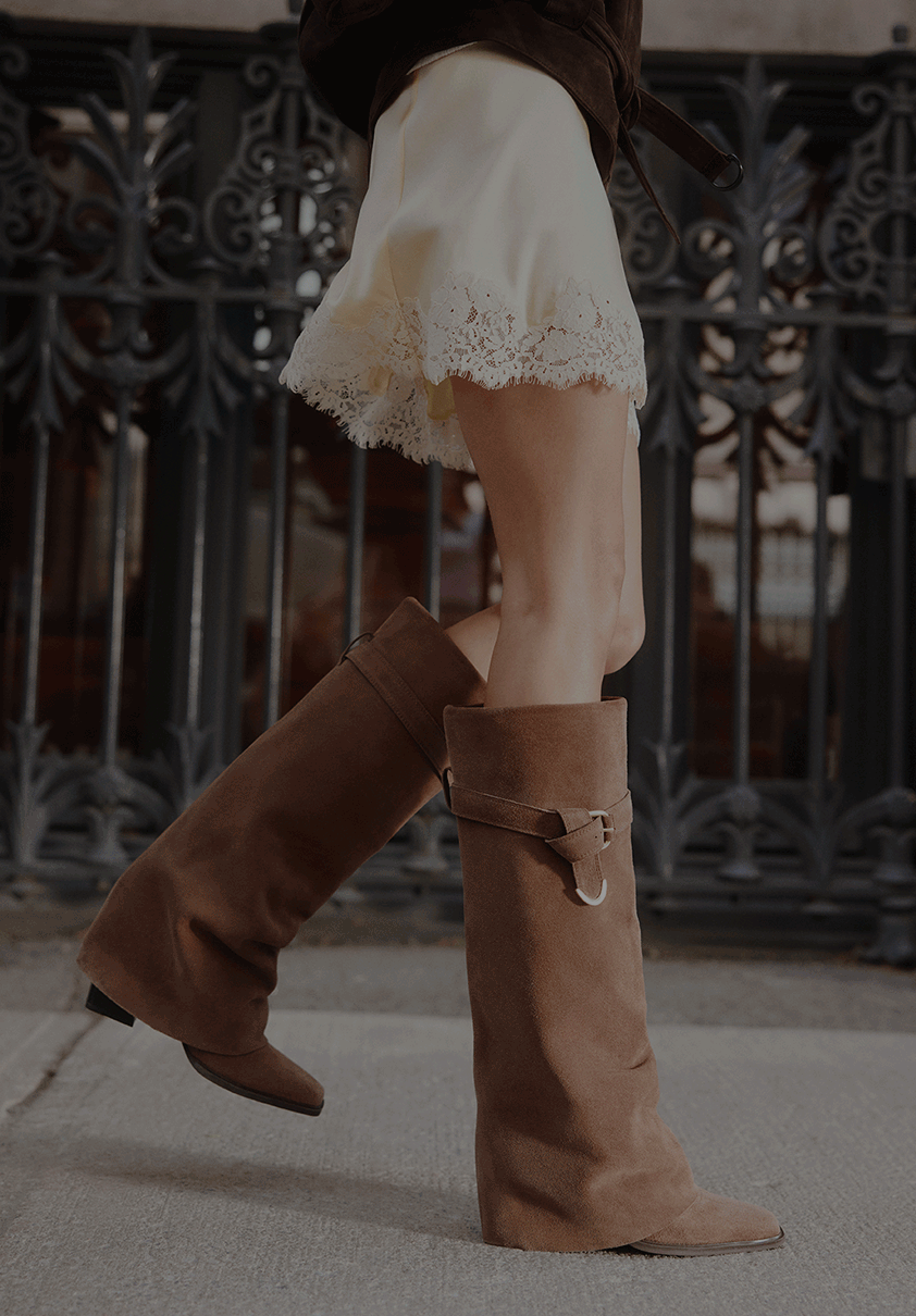 A GIF of fashion models in an urban setting. The left panel shows a model wearing tall tan knee-high boots.