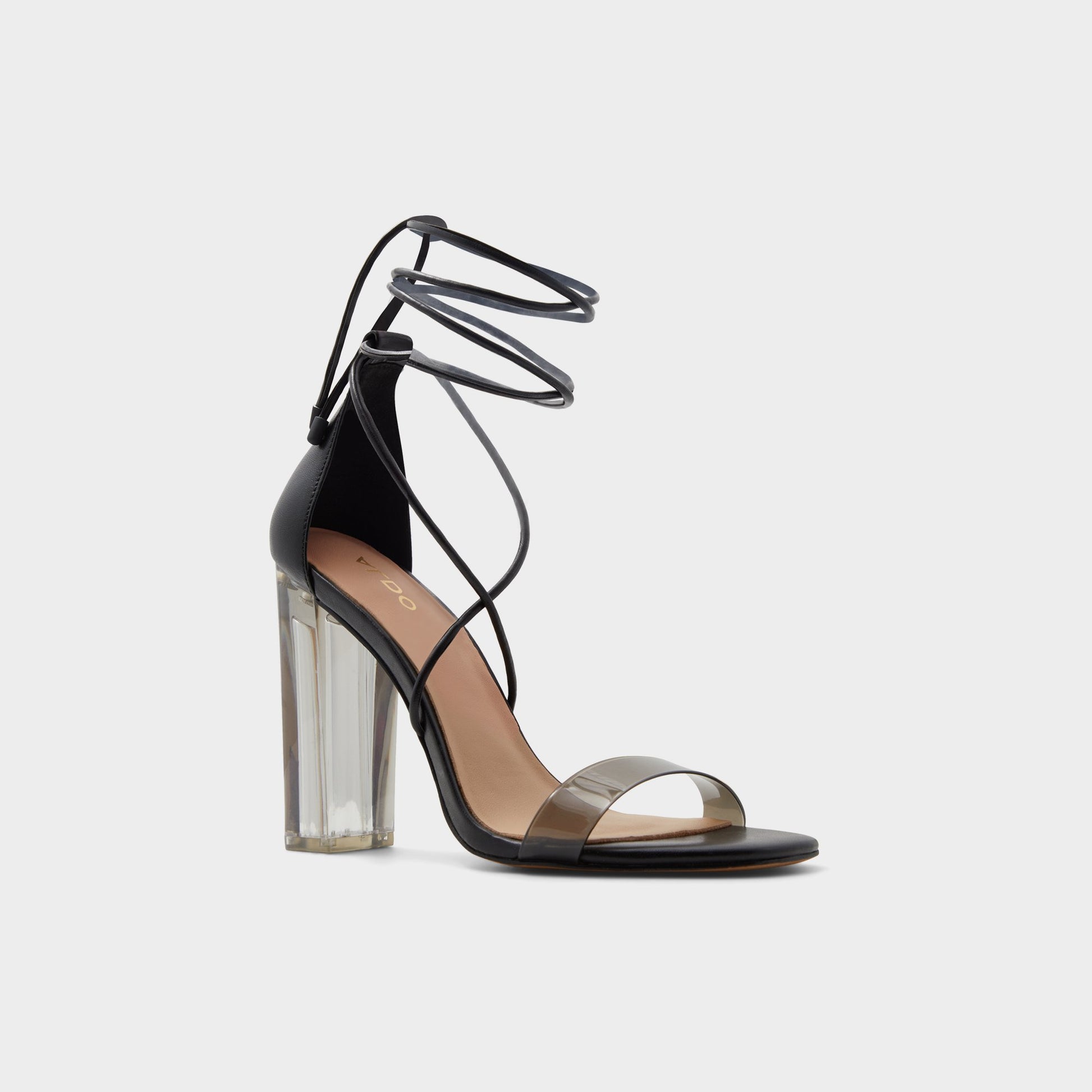 Three-quarter angle of Black Onardonia Black strappy sandal's front side