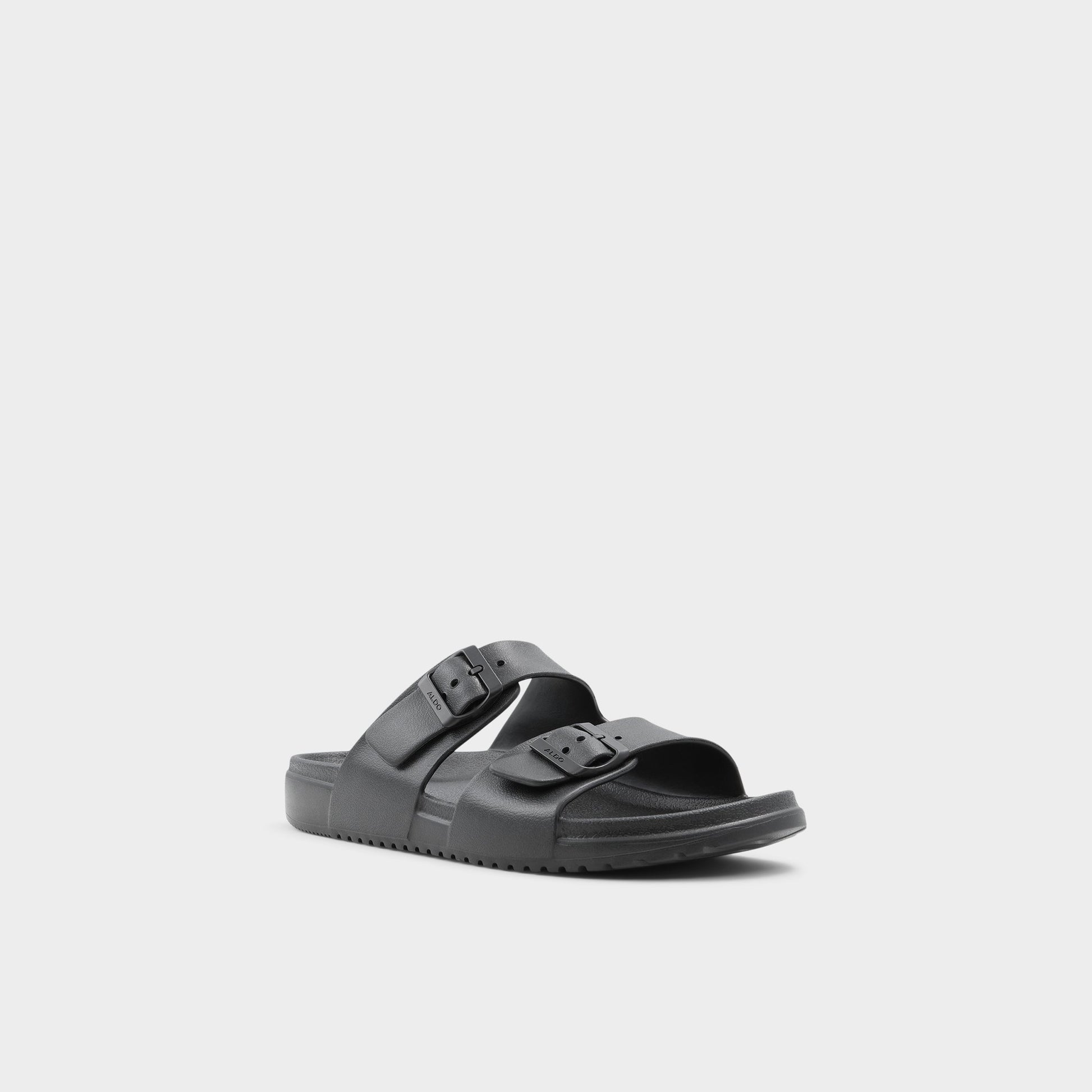 Three-quarter angle of Black Hideo Slide sandal's front side
