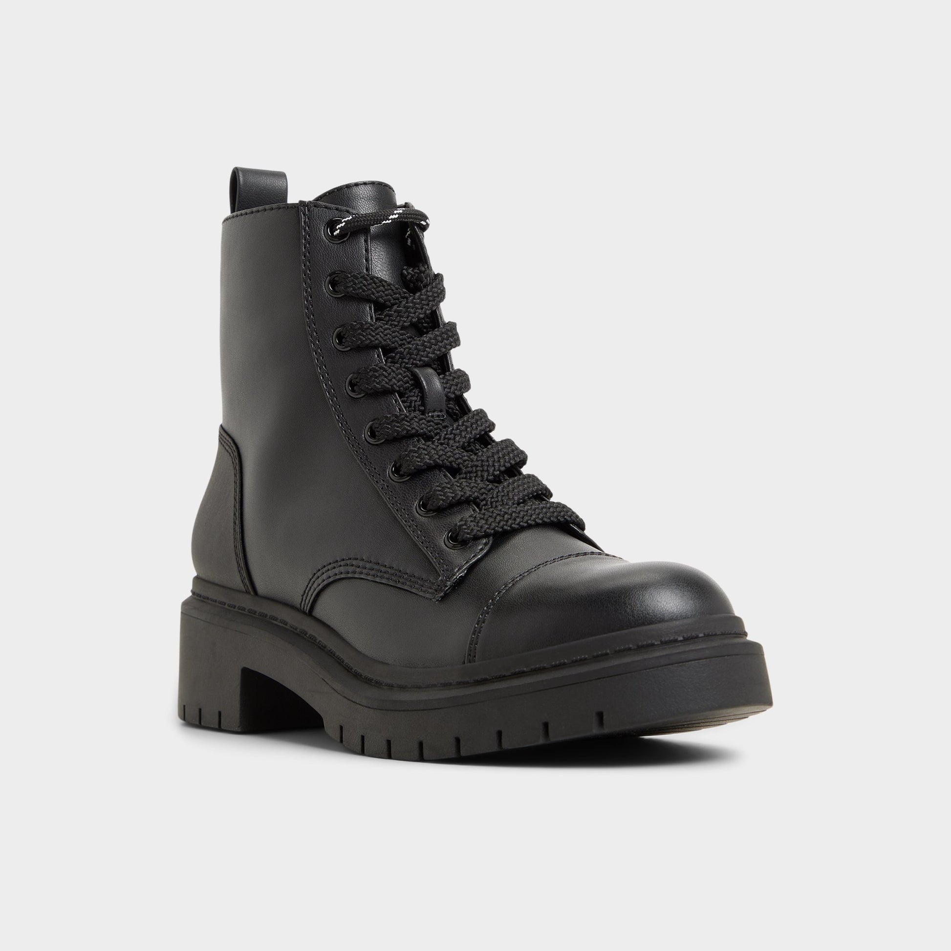 Three-quarter angle of Black Goer Combat ankle boot's front side