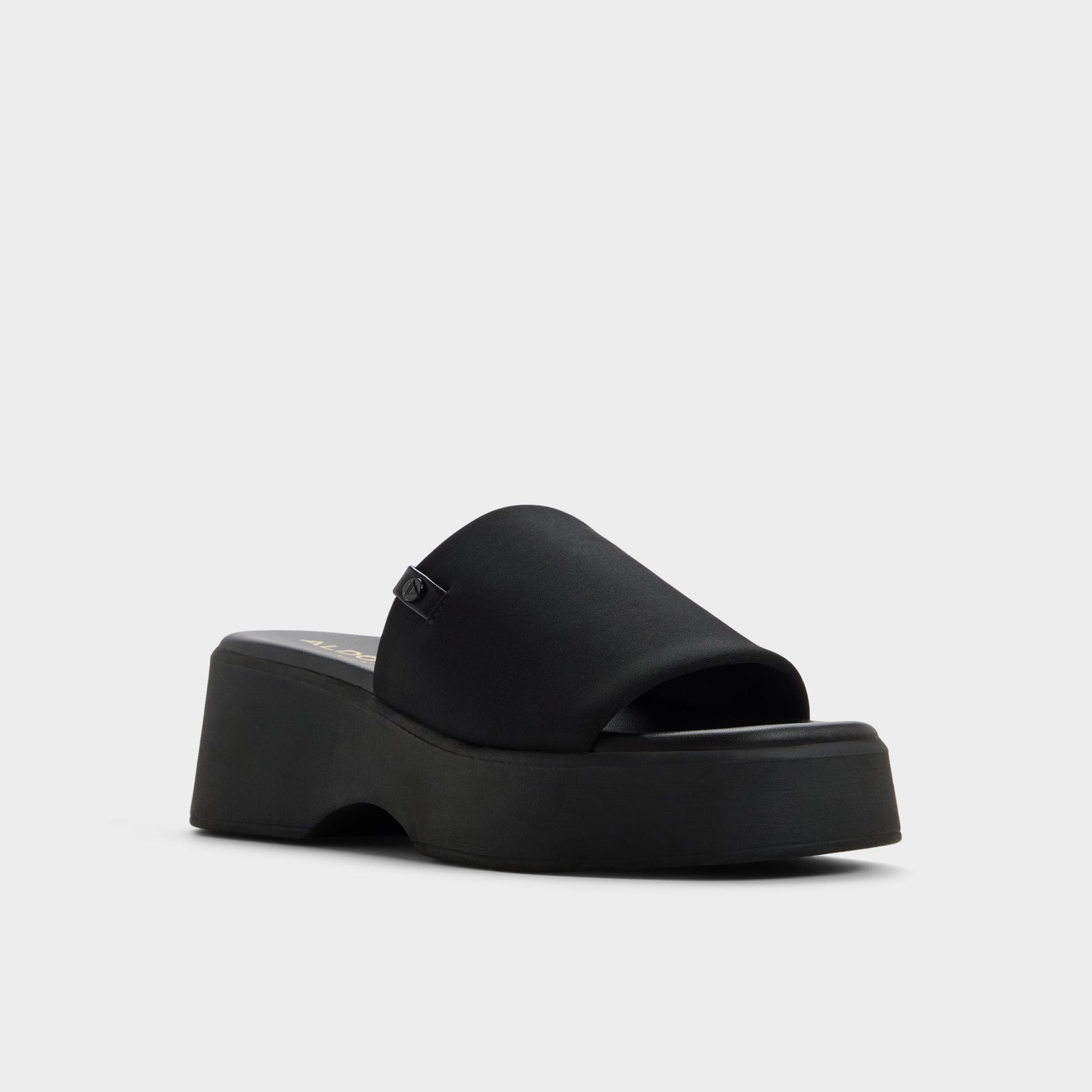 Three-quarter angle of Black Yassu Wedge sandal's front side