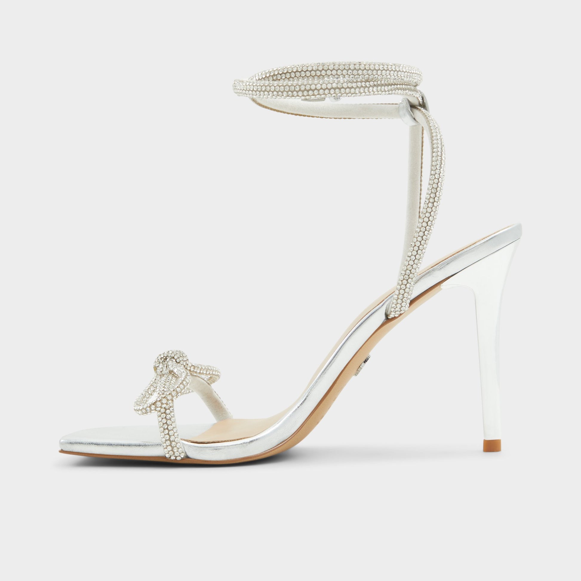 Side view of Silver Barrona Strappy heeled sandal