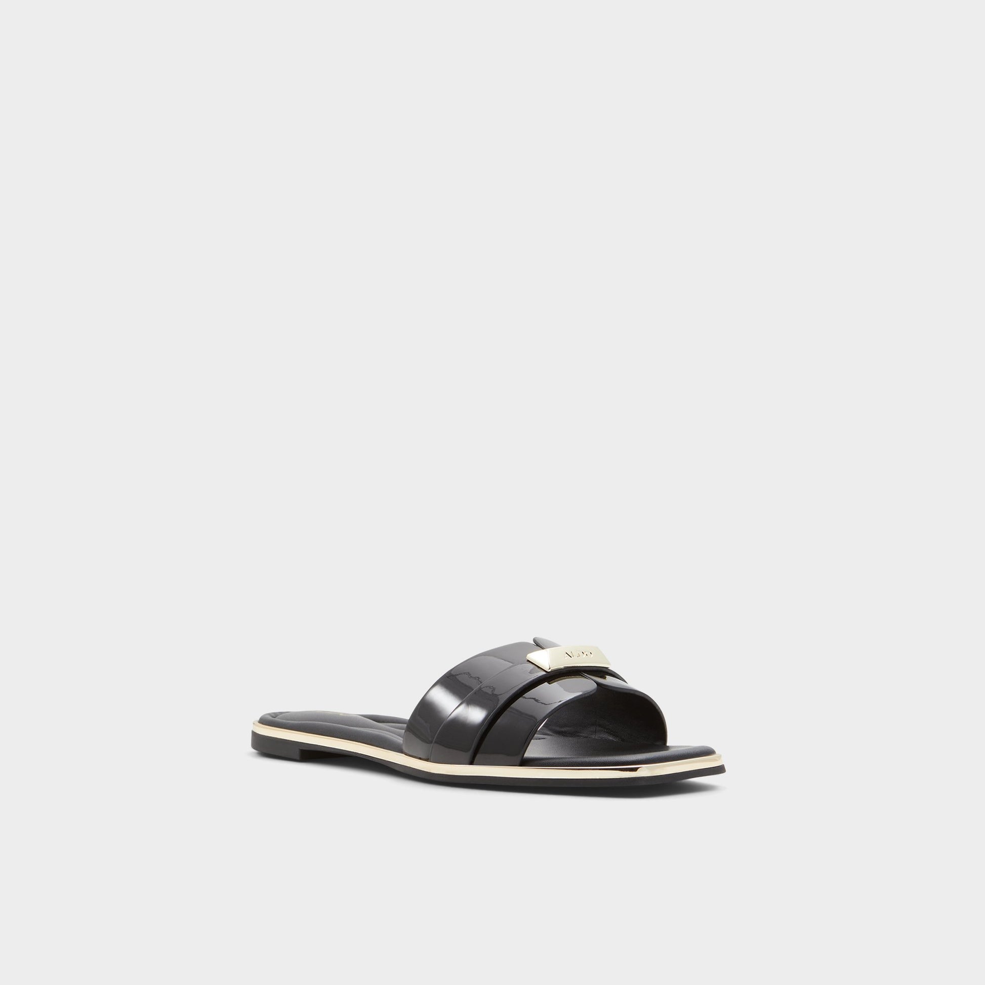 Three-quarter angle of Black Darine Slide sandal's front side