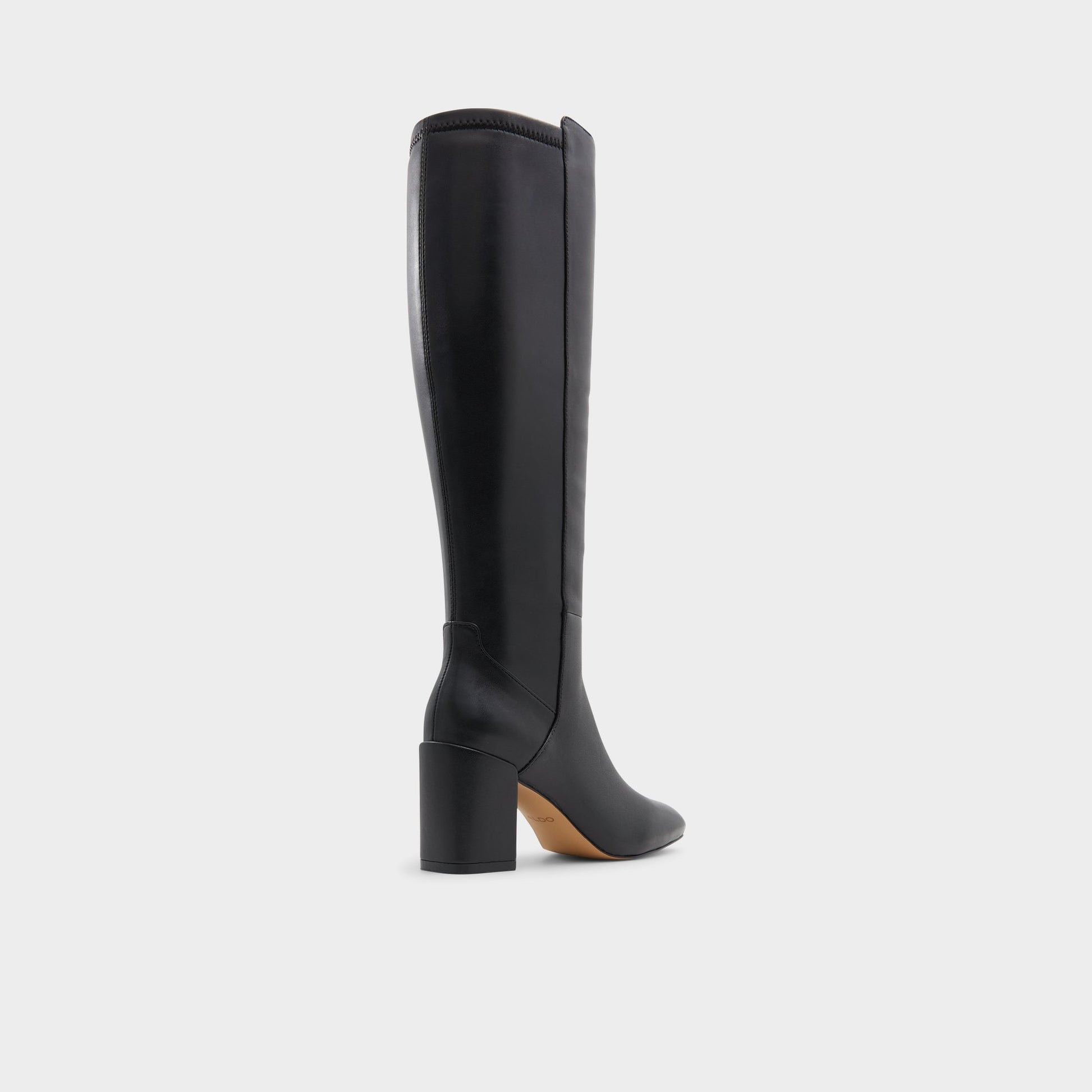 Three-quarter angle of Black/Black Satori Knee-high boot's back side