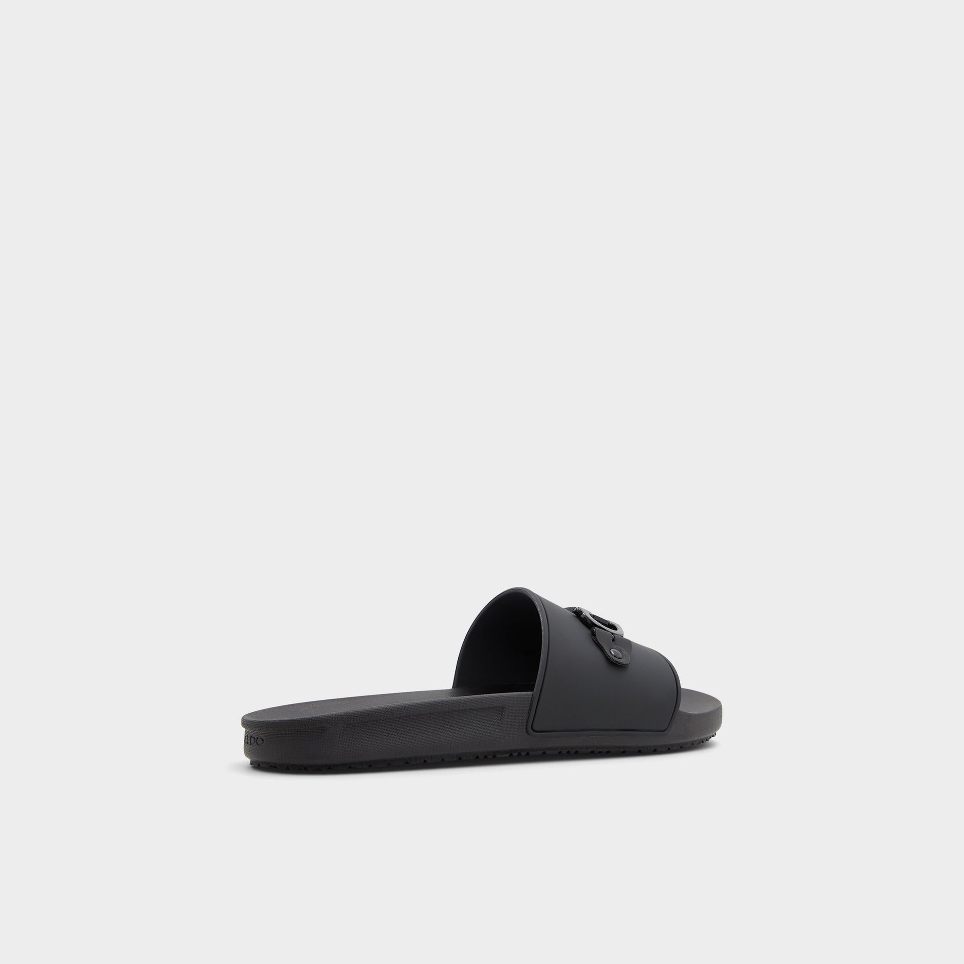 Three-quarter angle of Black Loungeslide Slide sandal's back side
