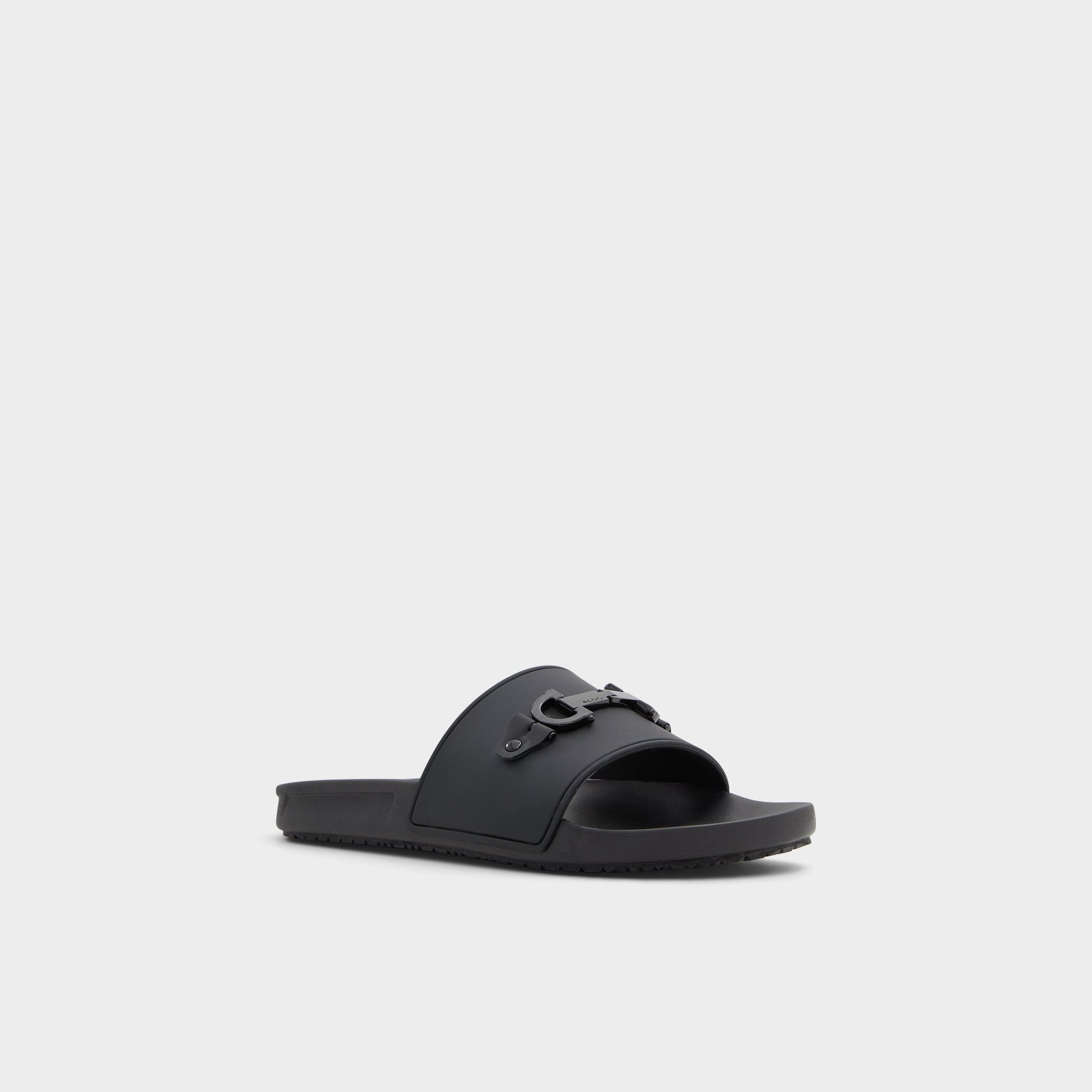 Three-quarter angle of Black Loungeslide Slide sandal's front side