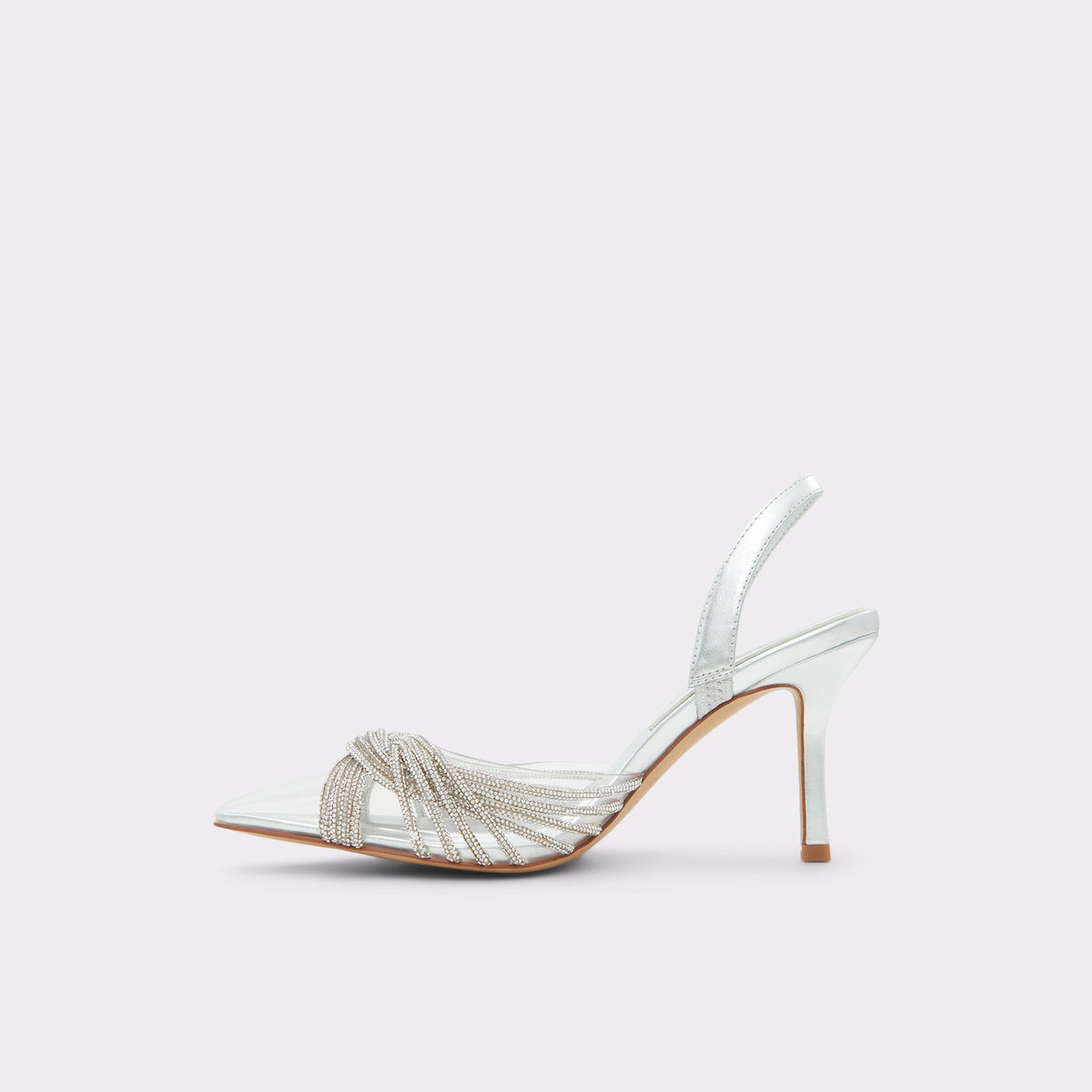 Side view of Silver Thubeth Sling back high heel