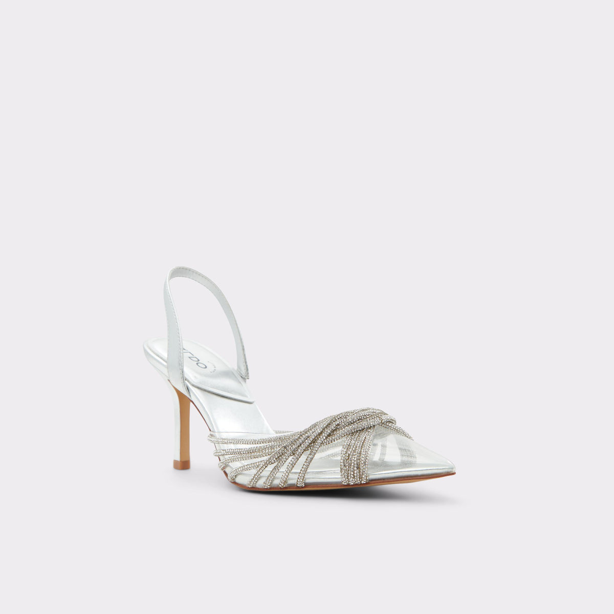 Three-quarter angle of Silver Thubeth Sling back high heel's front side