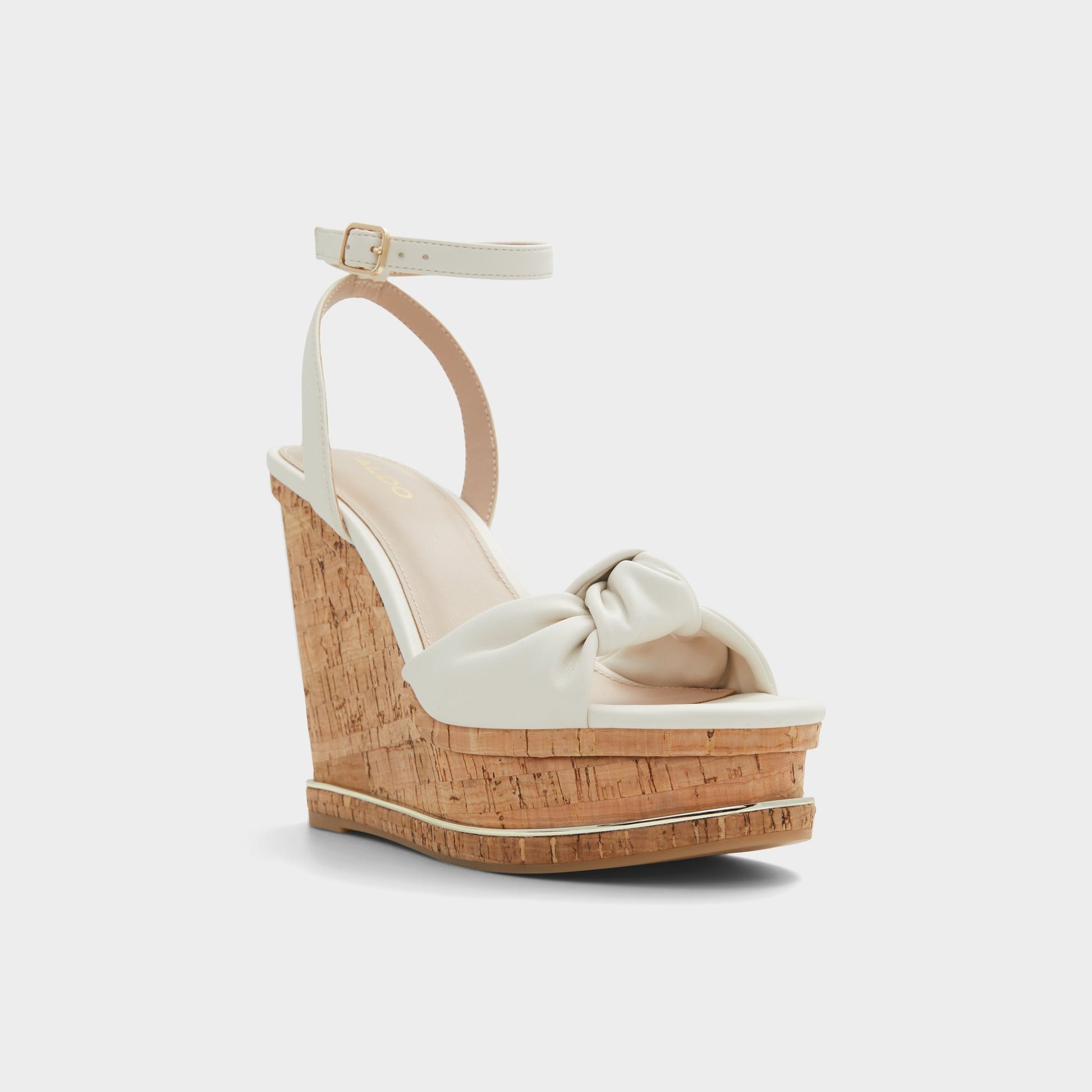 Three-quarter angle of Open White Barykin Wedge sandal's front side