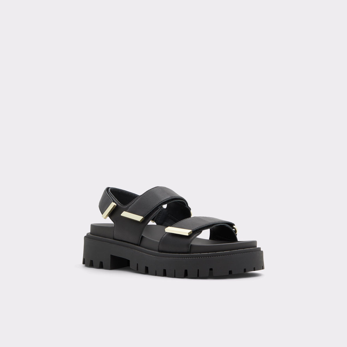 Three-quarter angle of Black Sanddy Strappy sandal's front side