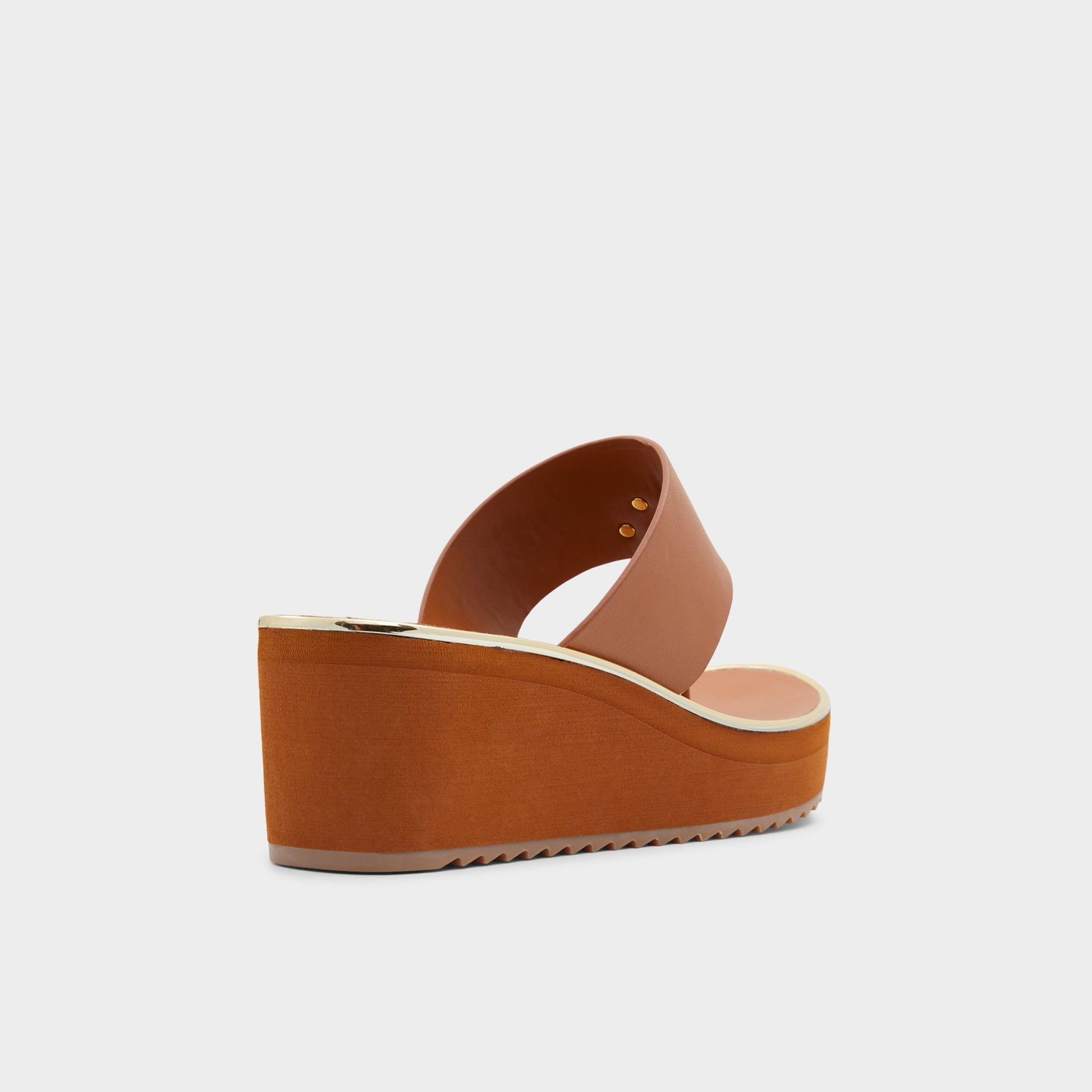 Three-quarter angle of Medium Brown Maesllan Wedge sandal's back side