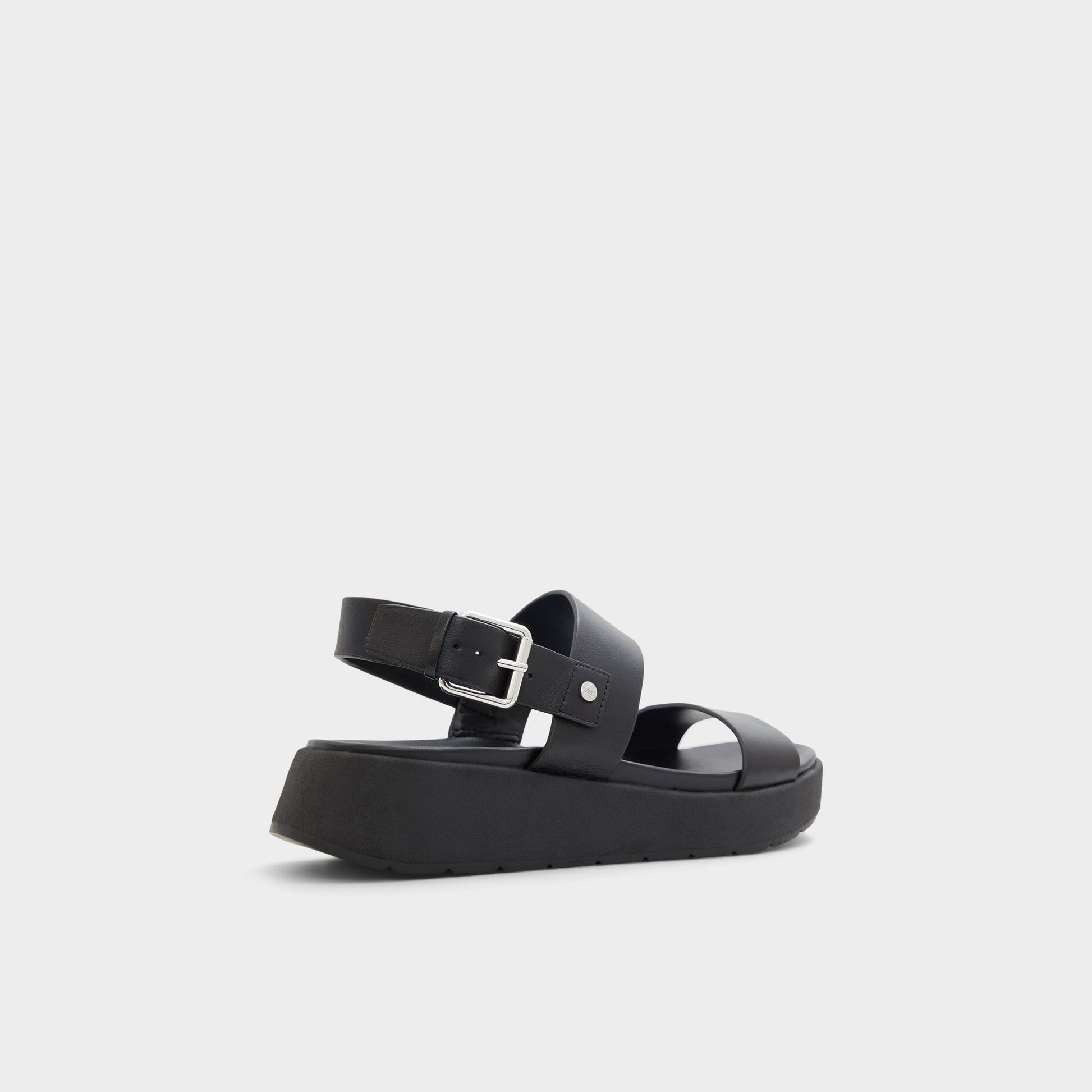 Three-quarter angle of Black Silyia Flat sandal's back side