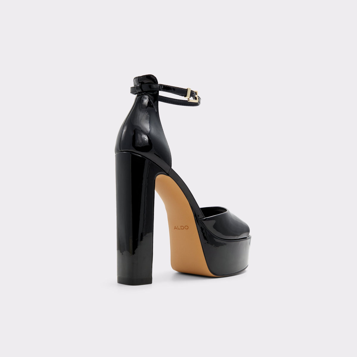 Three-quarter angle of Black Nissa Strappy heeled sandal's back side