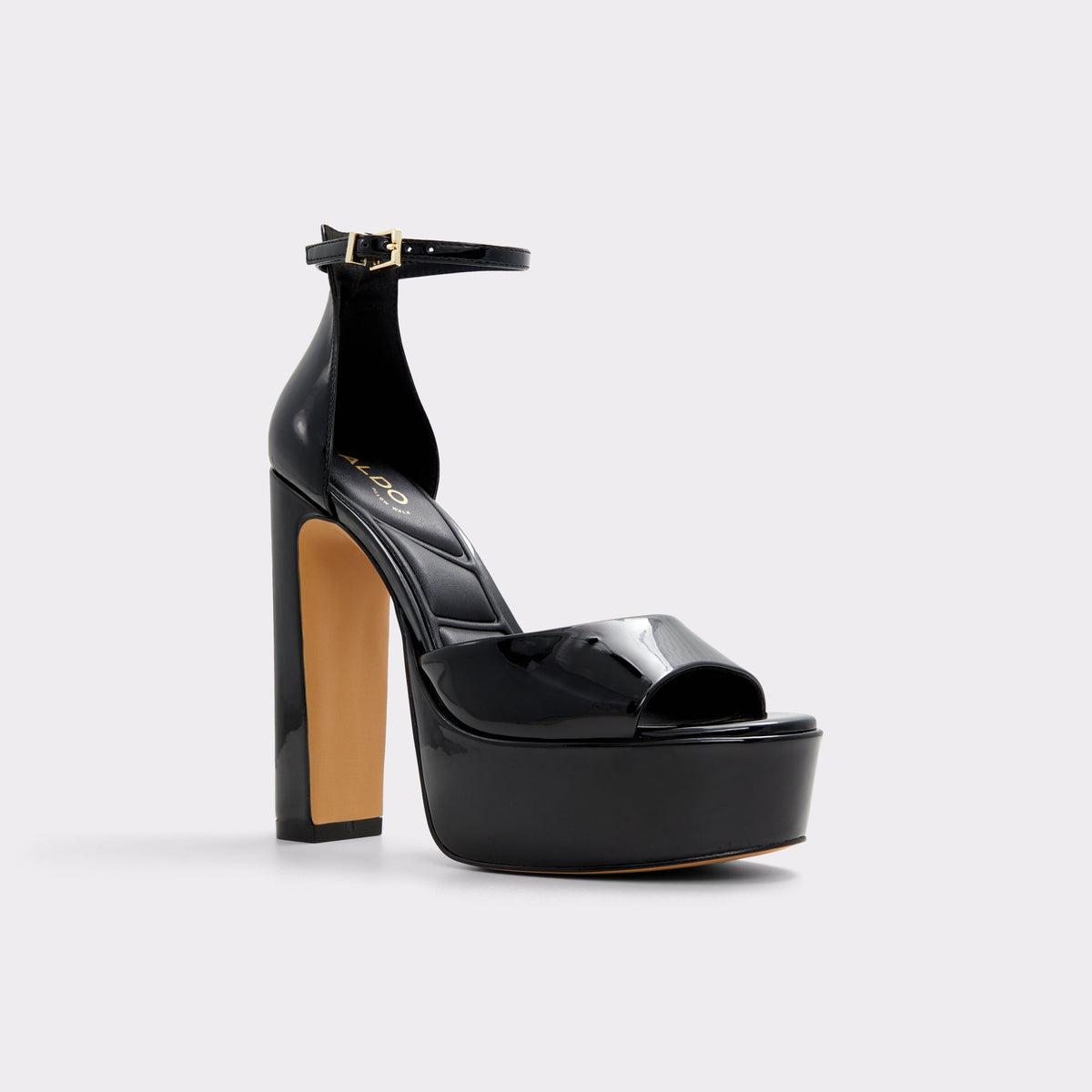 Three-quarter angle of Black Nissa Strappy heeled sandal's front side