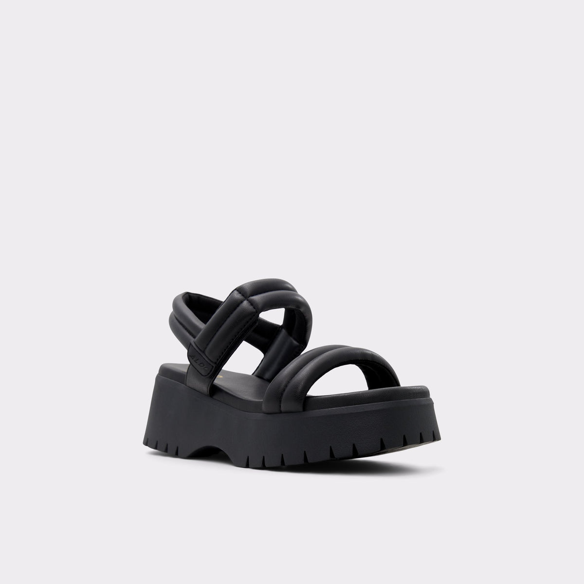 Three-quarter angle of Black Mcguire Wedge sandal's front side