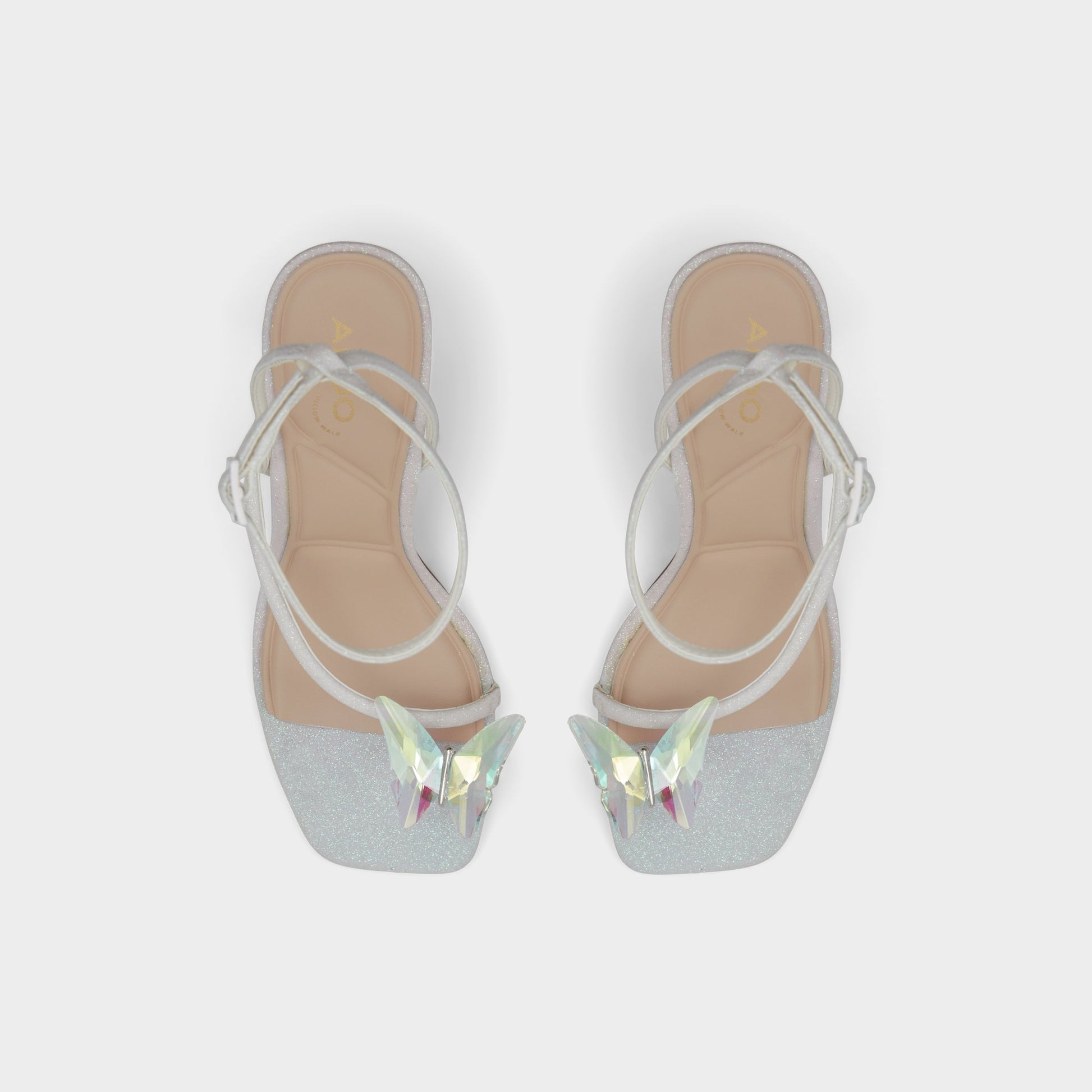 Top-down view of the White Pepela Strappy heeled sandal