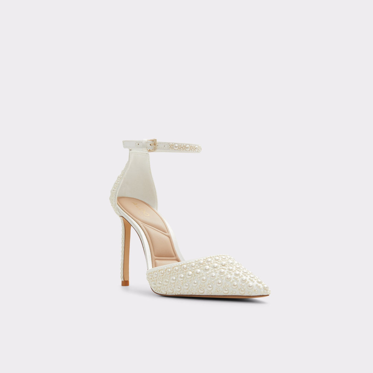 Three-quarter angle of White Derperla Strappy heeled shoe's front side