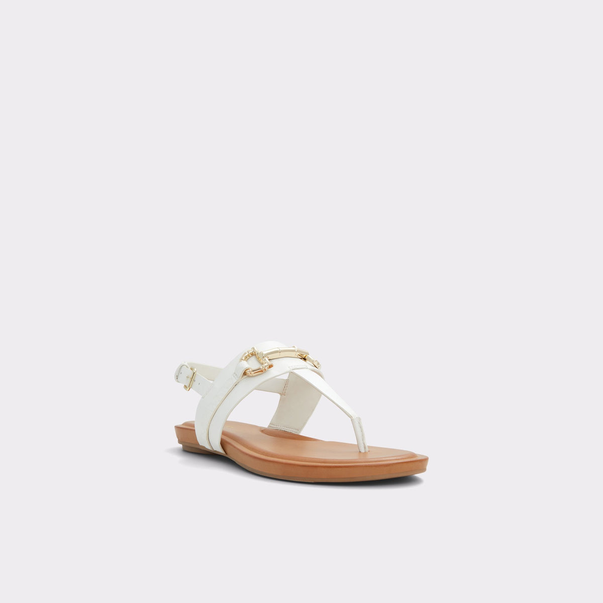 Three-quarter angle of Open White Tany T-strap sandal's front side
