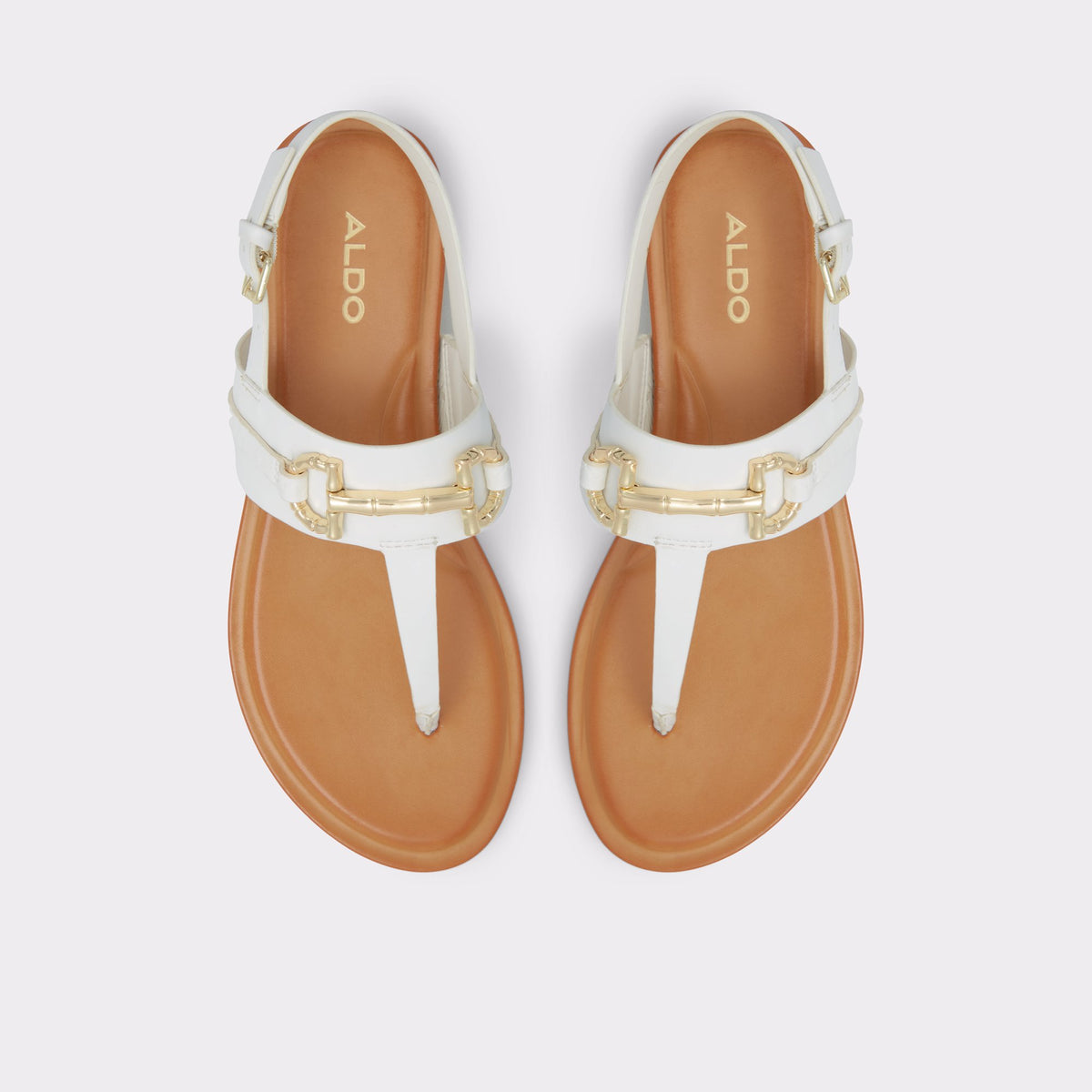 Top-down view of the Open White Tany T-strap sandal