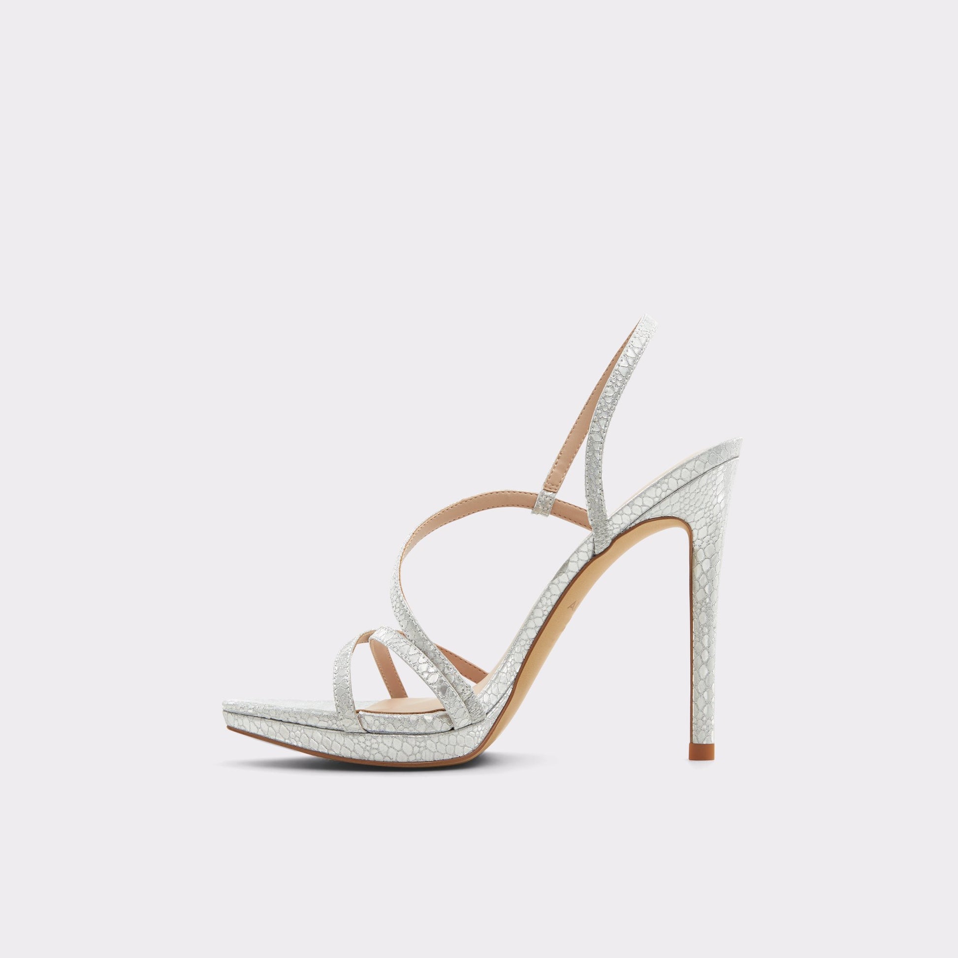 Side view of Silver Resurge Strappy stiletto sandal