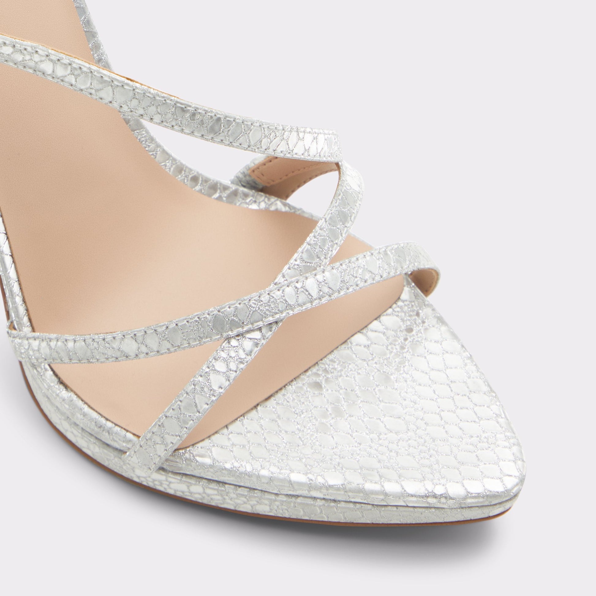 Close-up of the Silver Resurge Strappy stiletto sandal