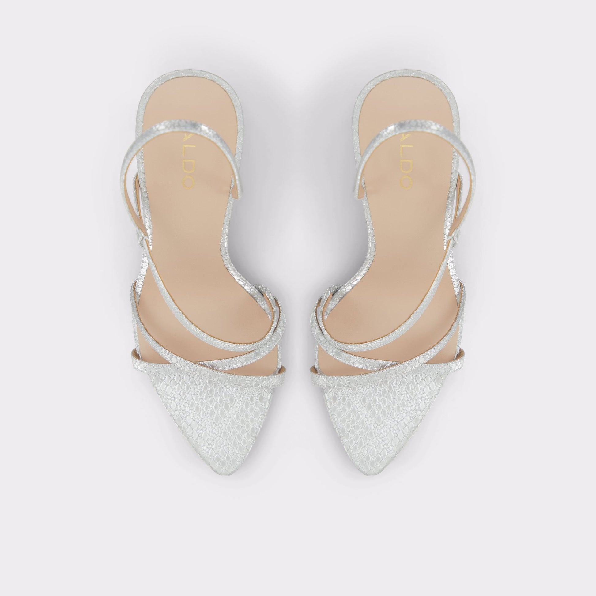 Top-down view of the Silver Resurge Strappy stiletto sandal