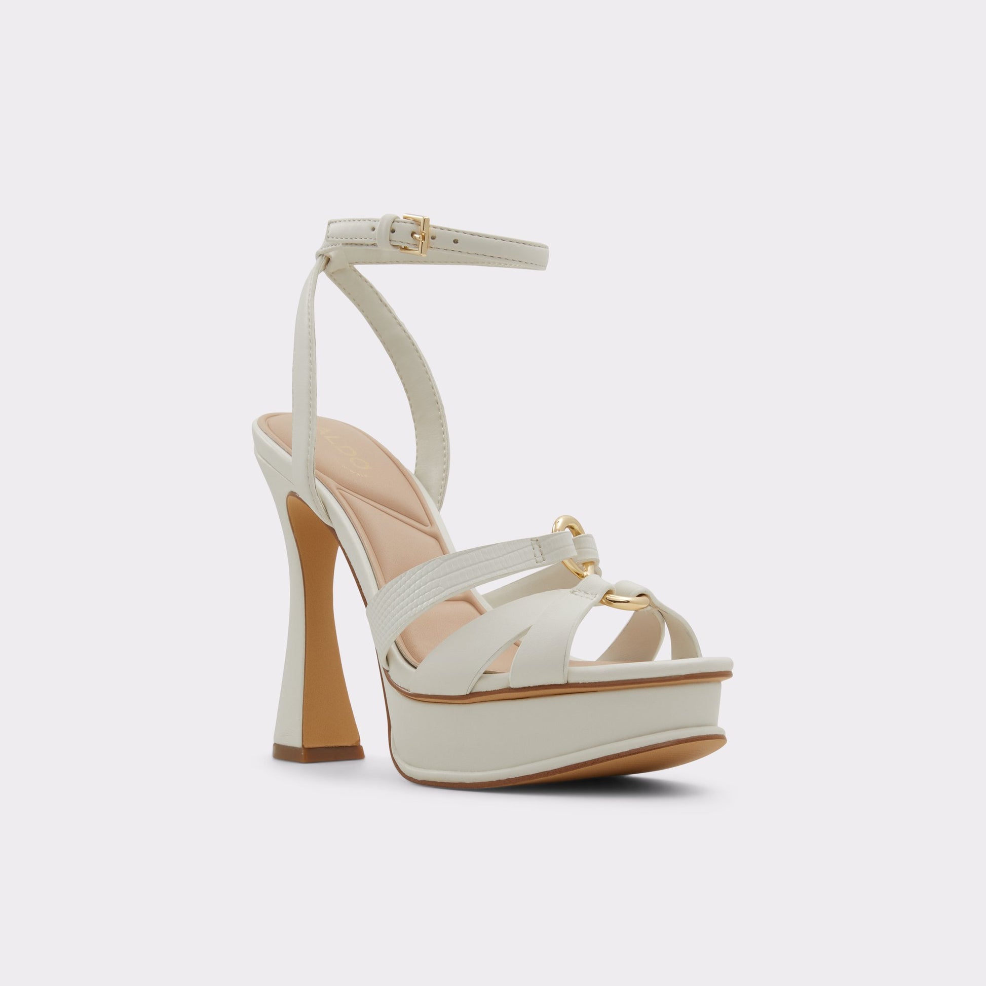 Three-quarter angle of White/Bone Elbalia Strappy heeled sandal's front side
