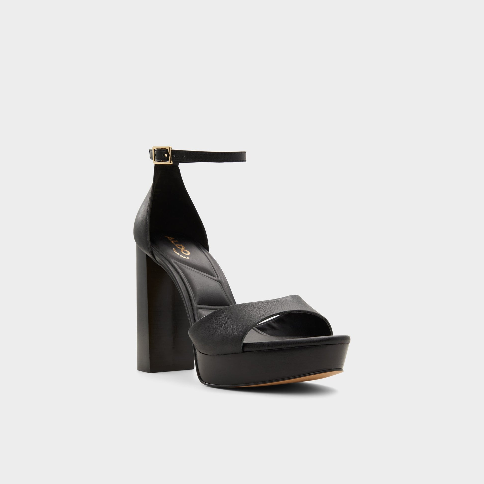 Three-quarter angle of Black Enaegyn2.0 Strappy heeled sandal's front side