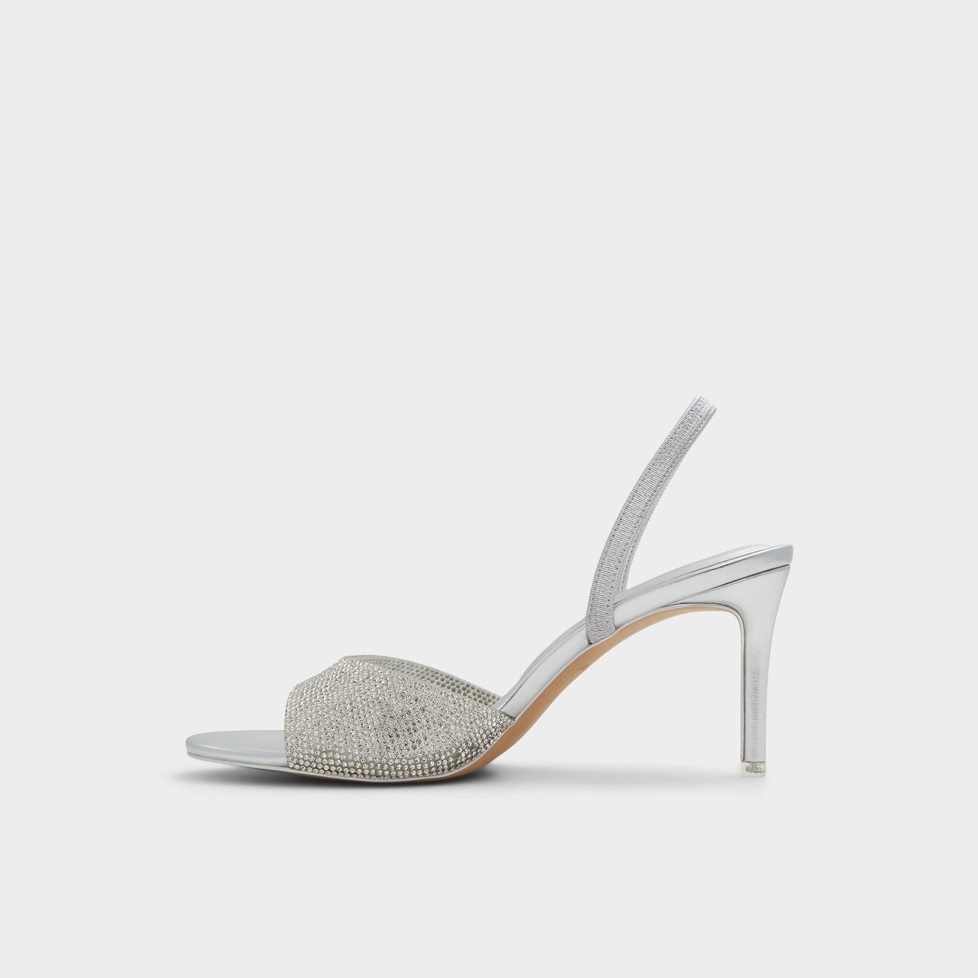 Side view of Silver Aitana Slingback heeled sandal
