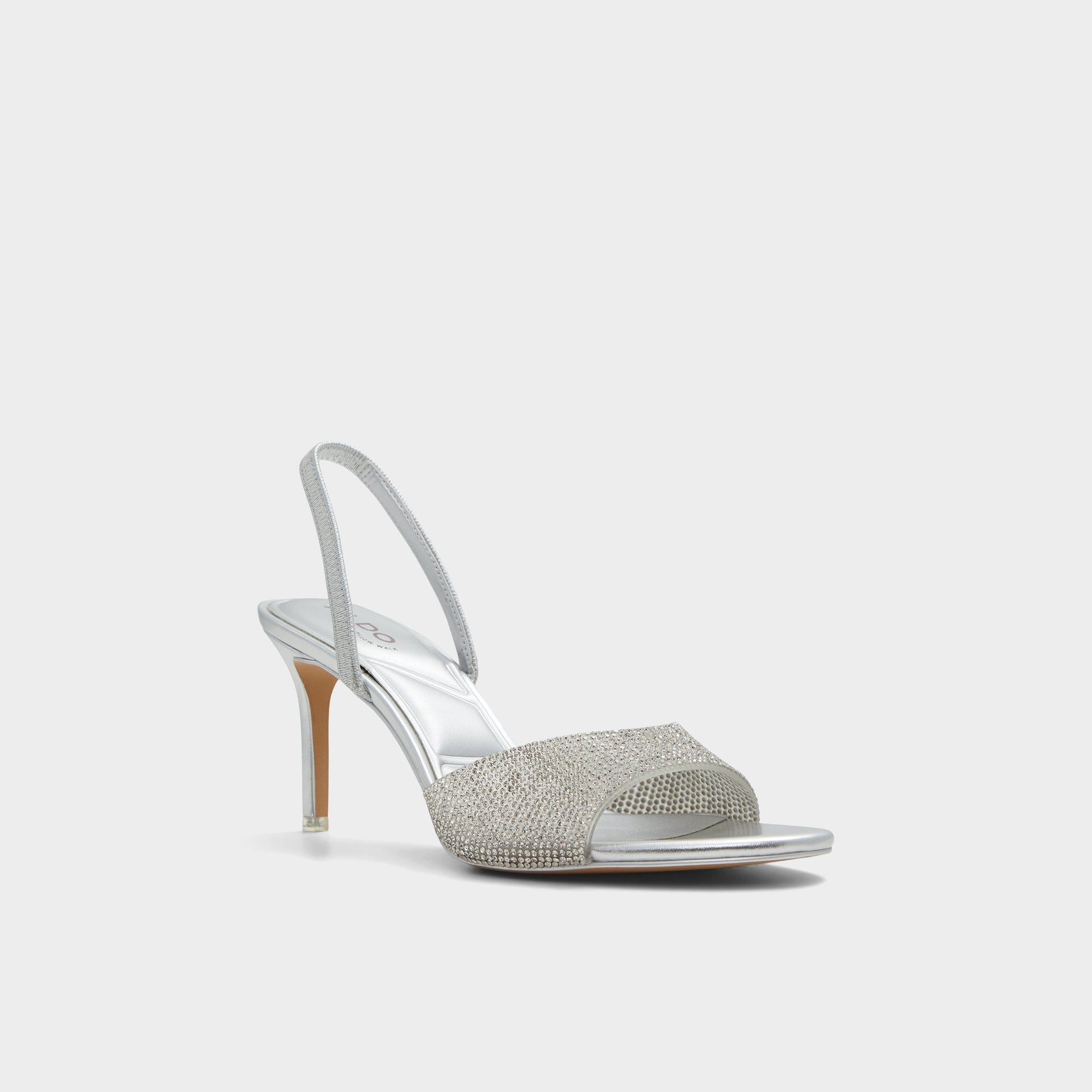 Three-quarter angle of Silver Aitana Slingback heeled sandal's front side
