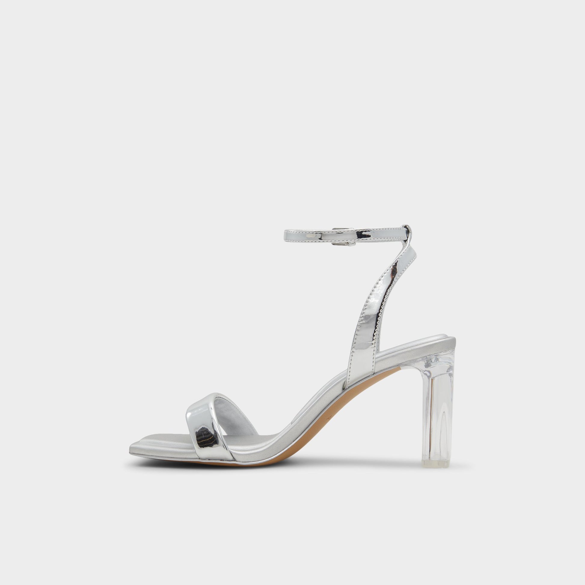 Side view of Silver Aurorai Strappy heeled sandal