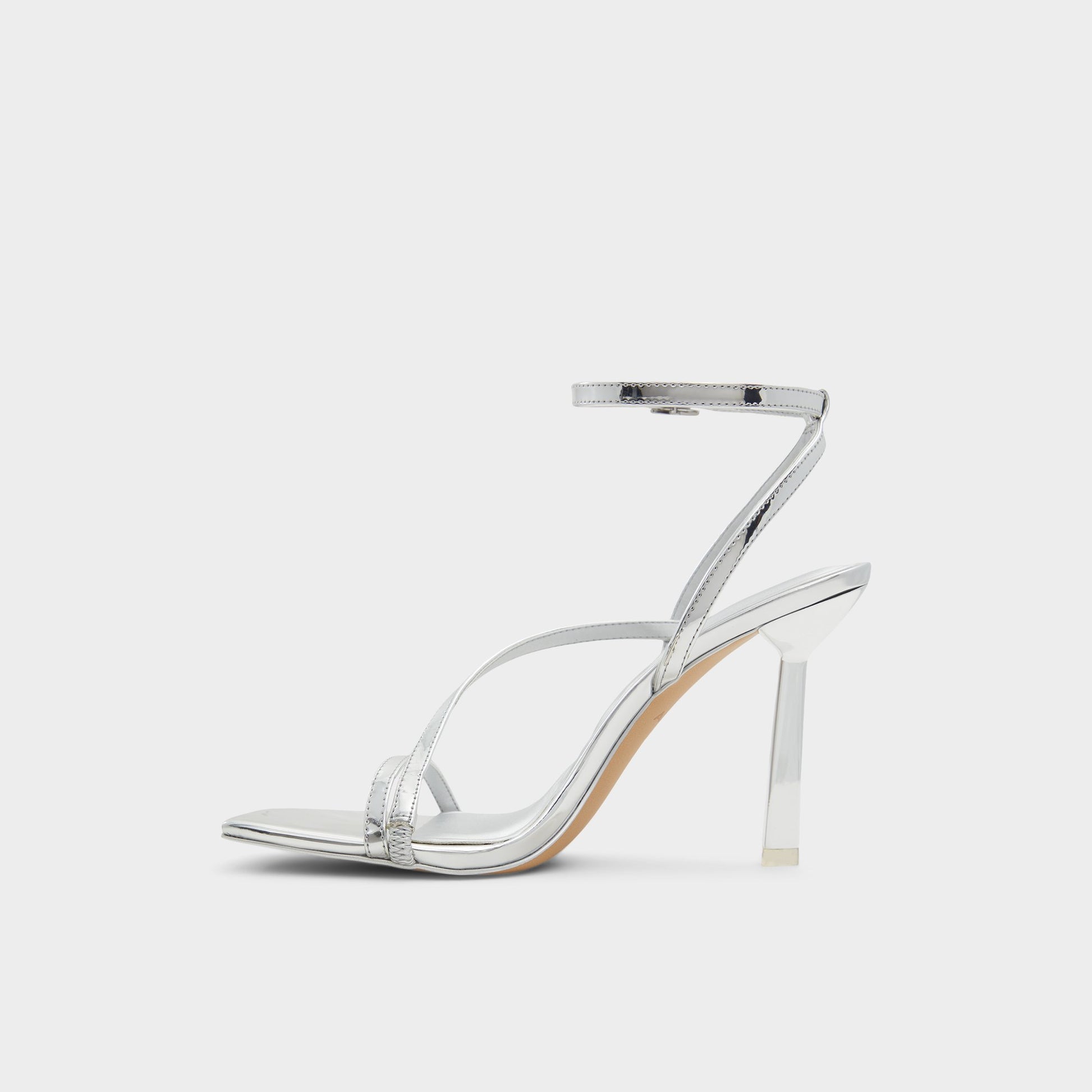 Side view of Silver Scintilla Strappy heeled sandal