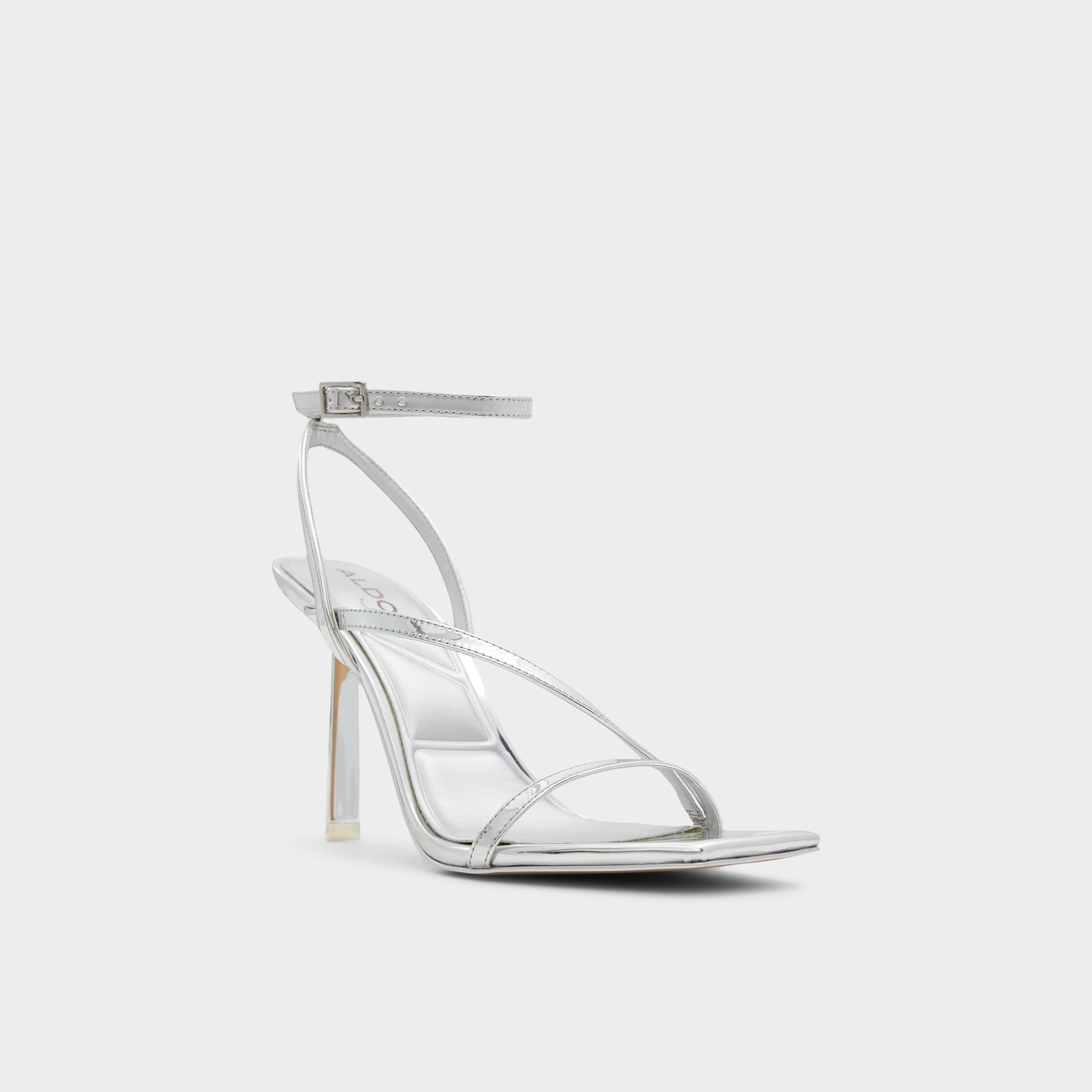 Three-quarter angle of Silver Scintilla Strappy heeled sandal's front side