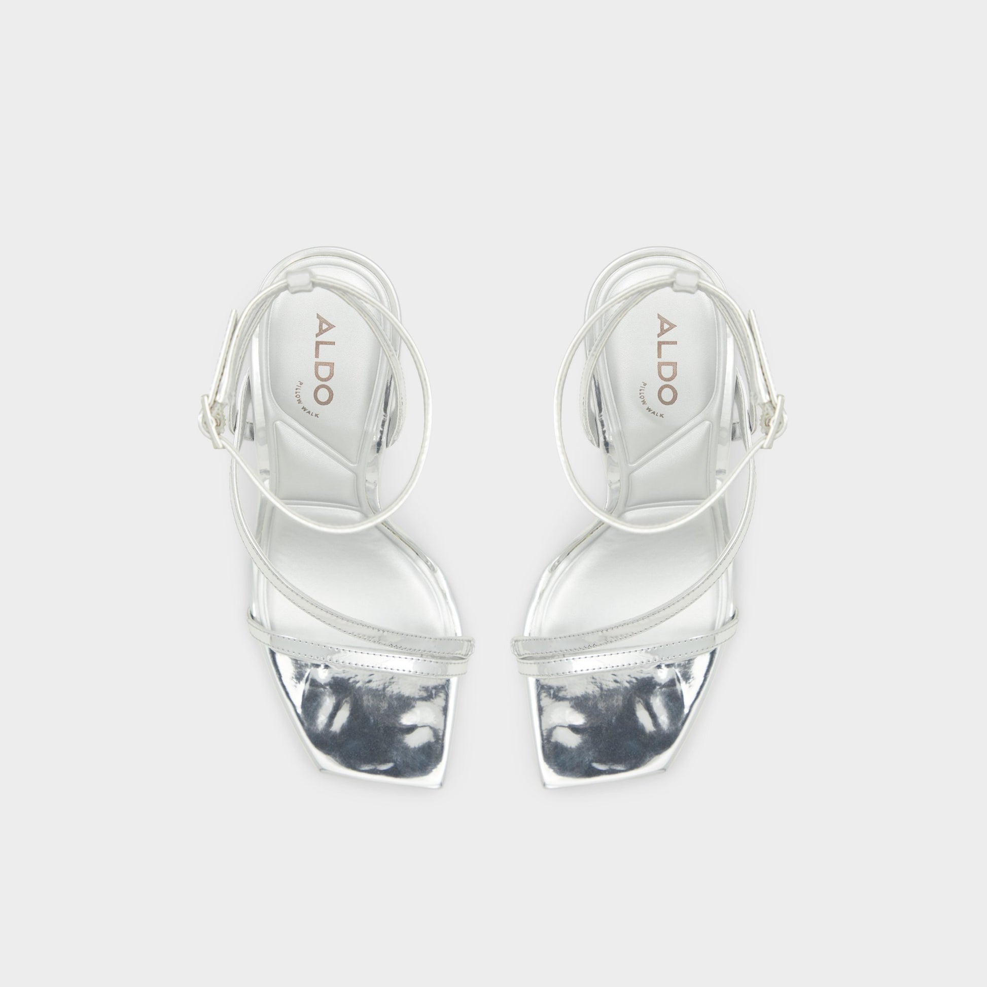 Top-down view of the Silver Scintilla Strappy heeled sandal