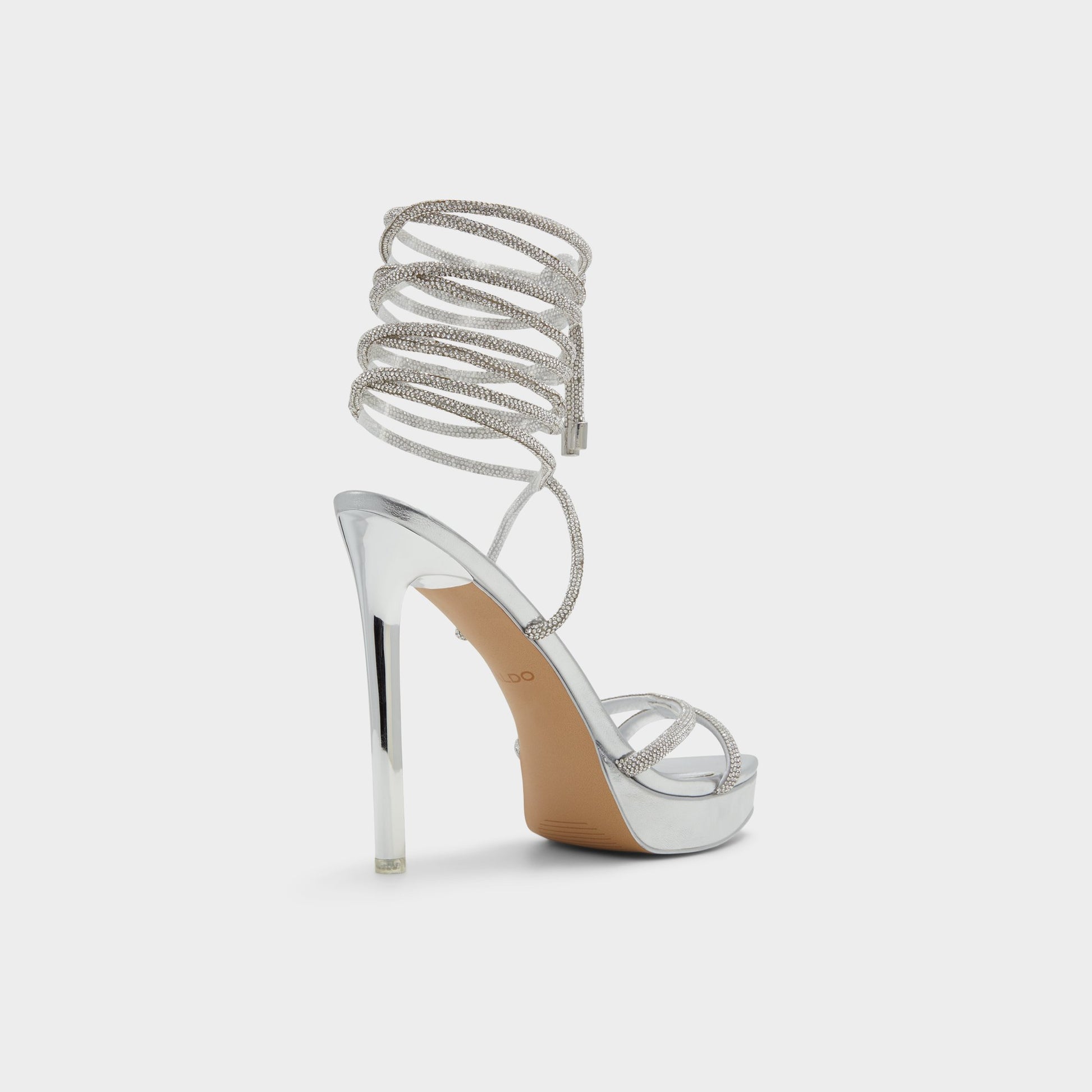 Three-quarter angle of Silver Izabella Strappy heeled sandal's back side