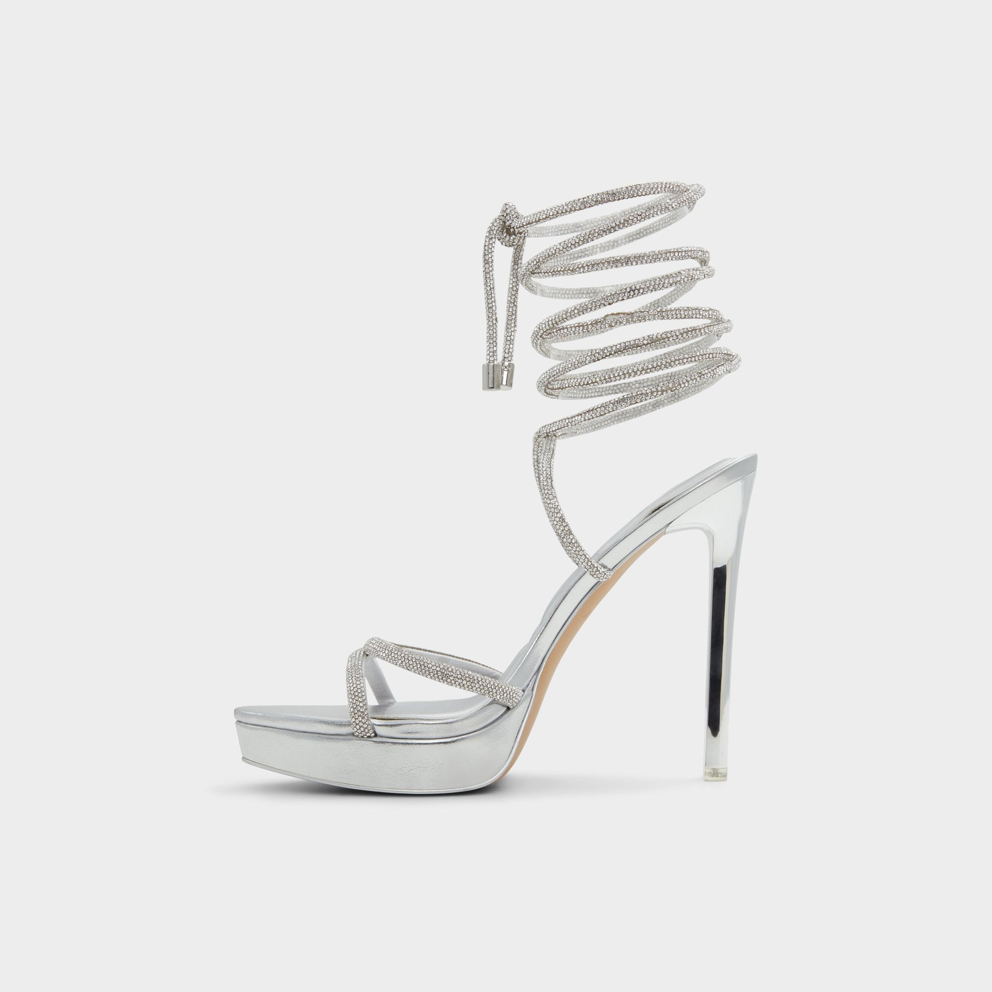 Side view of Silver Izabella Strappy heeled sandal